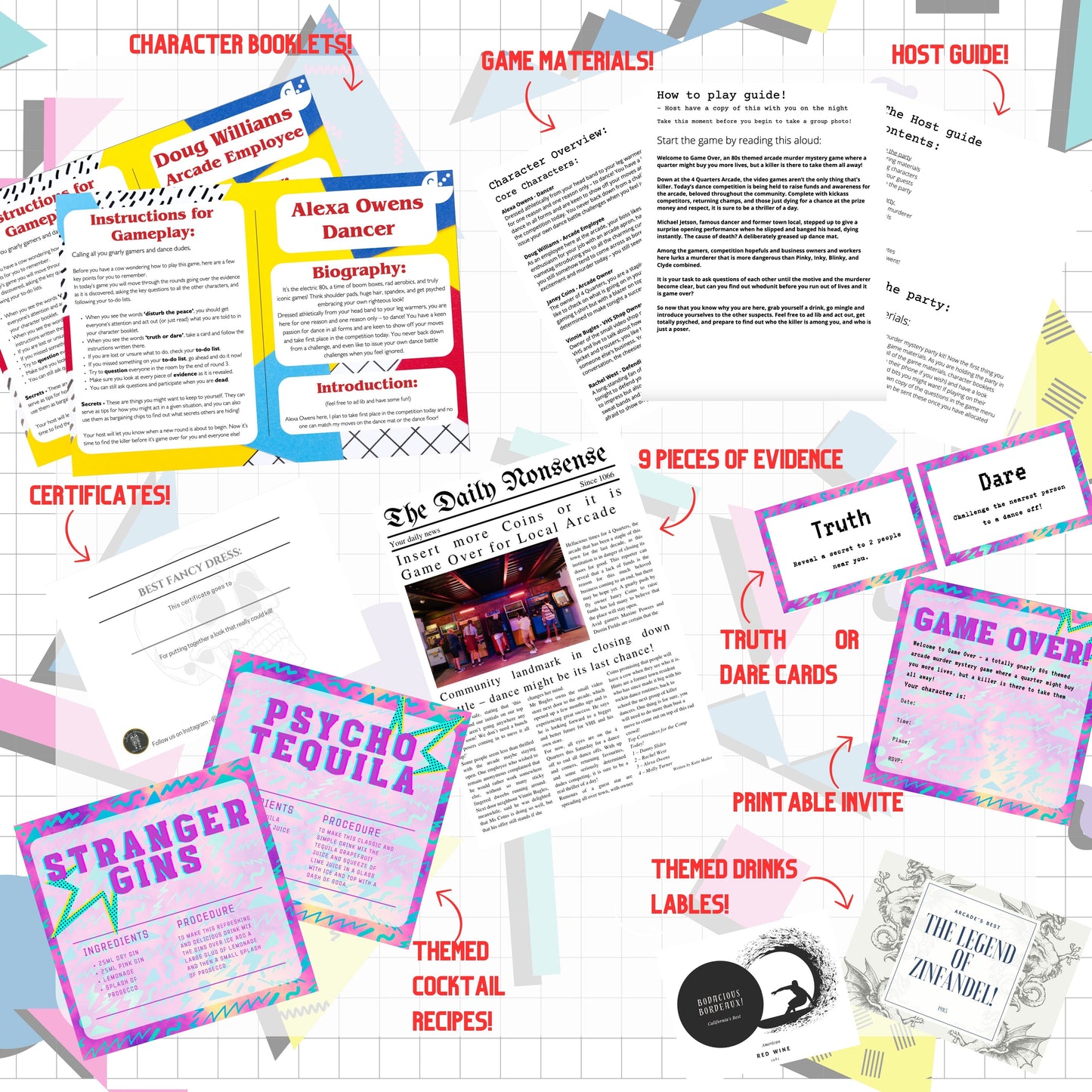 Murder mystery party game download includes full host guide, character scripts, and party setup help, fun extras including murder mystery game invitation.