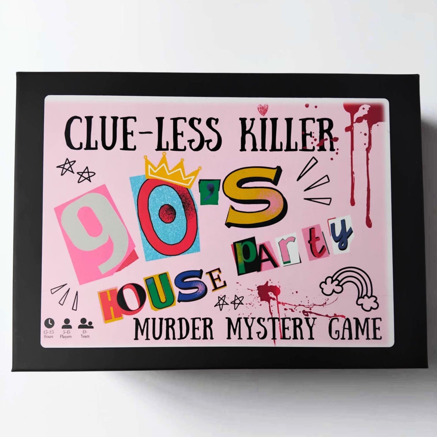 Printed 90s murder mystery party game titled ‘Clueless Killer', for 10-20 players. Fun and exciting whodunnit game for teens or adults, shipped to your door.