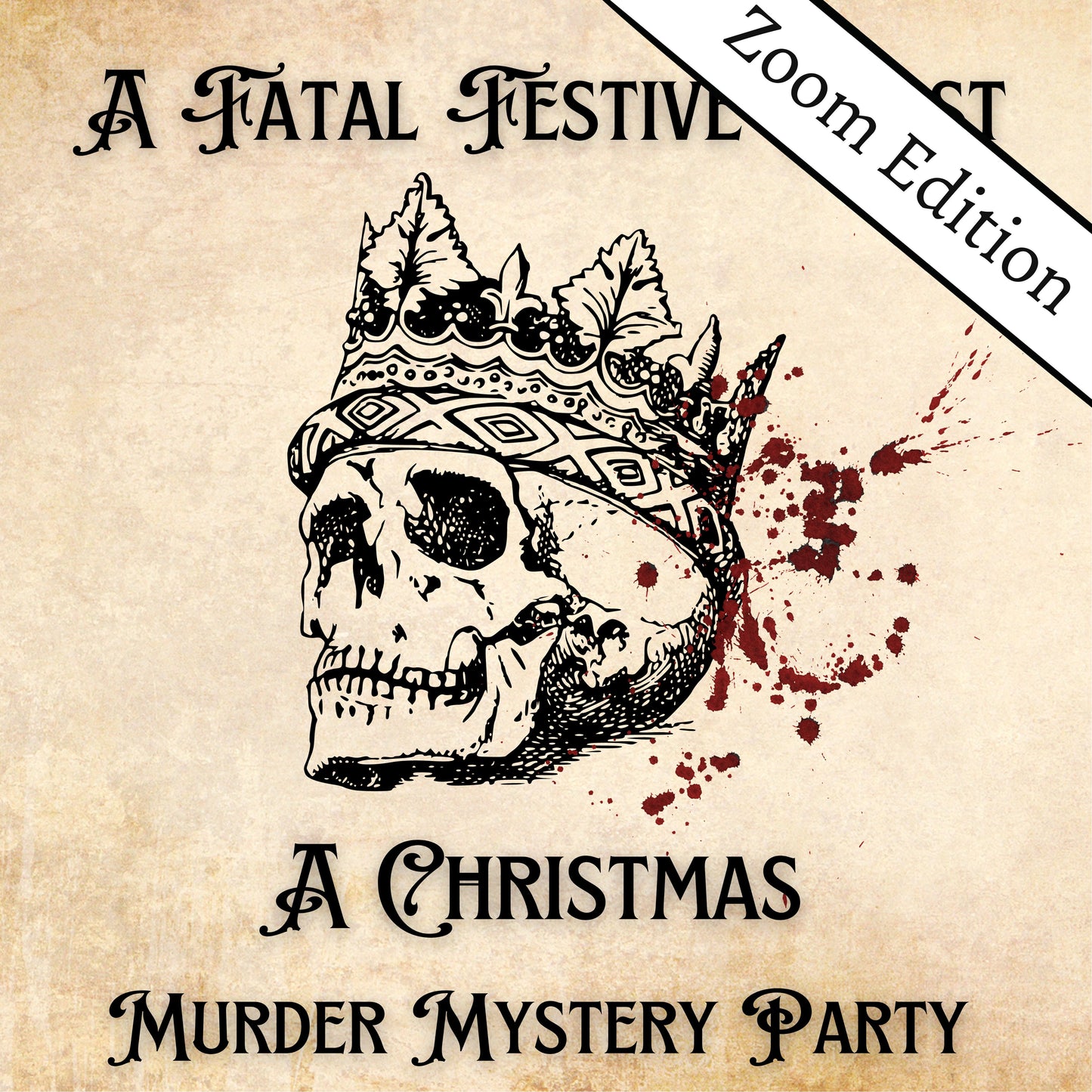 Printable Christmas murder mystery party game titled ‘Fatal Festive Feast', for 5-10 players. Fun and exciting whodunnit game for Kids or adults, instant download party kit.