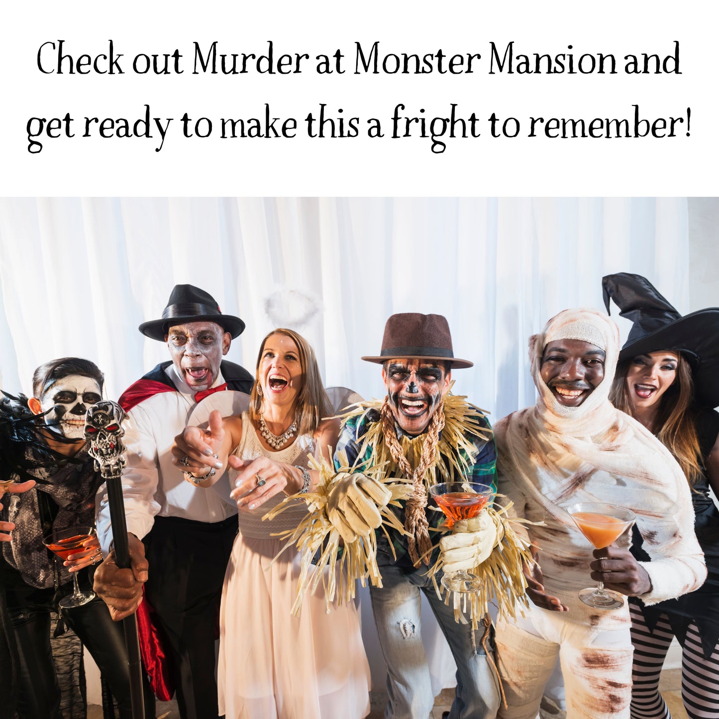 Group of people playing a Halloween themed printable murder mystery dinner game at a party in costume. Themed murder mystery game for friends and family.