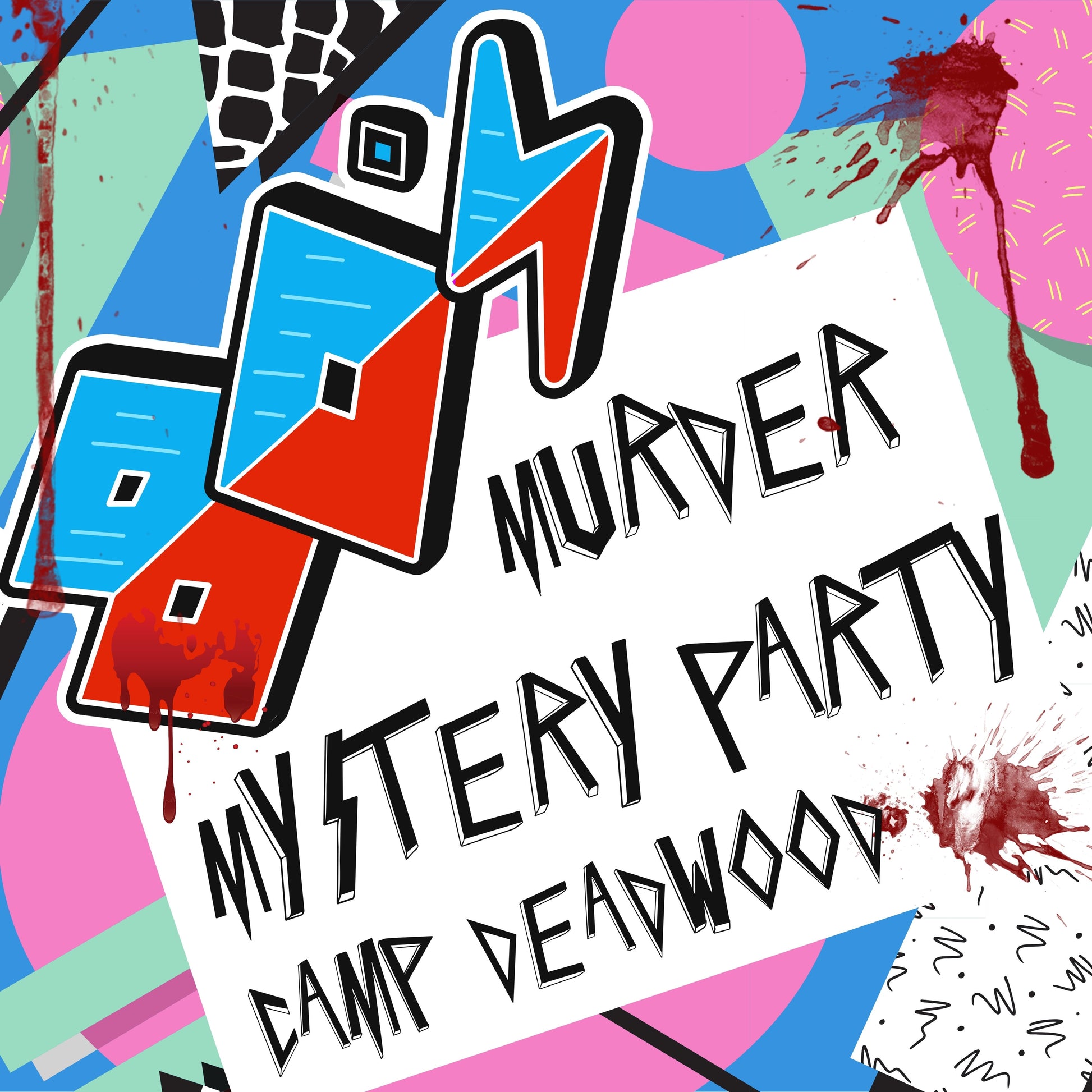 Printable 1980s slasher murder mystery party game titled 'Camp Deadwood', for 5-15 players. Fun and exciting whodunnit game for teens or adults, instant download party kit.