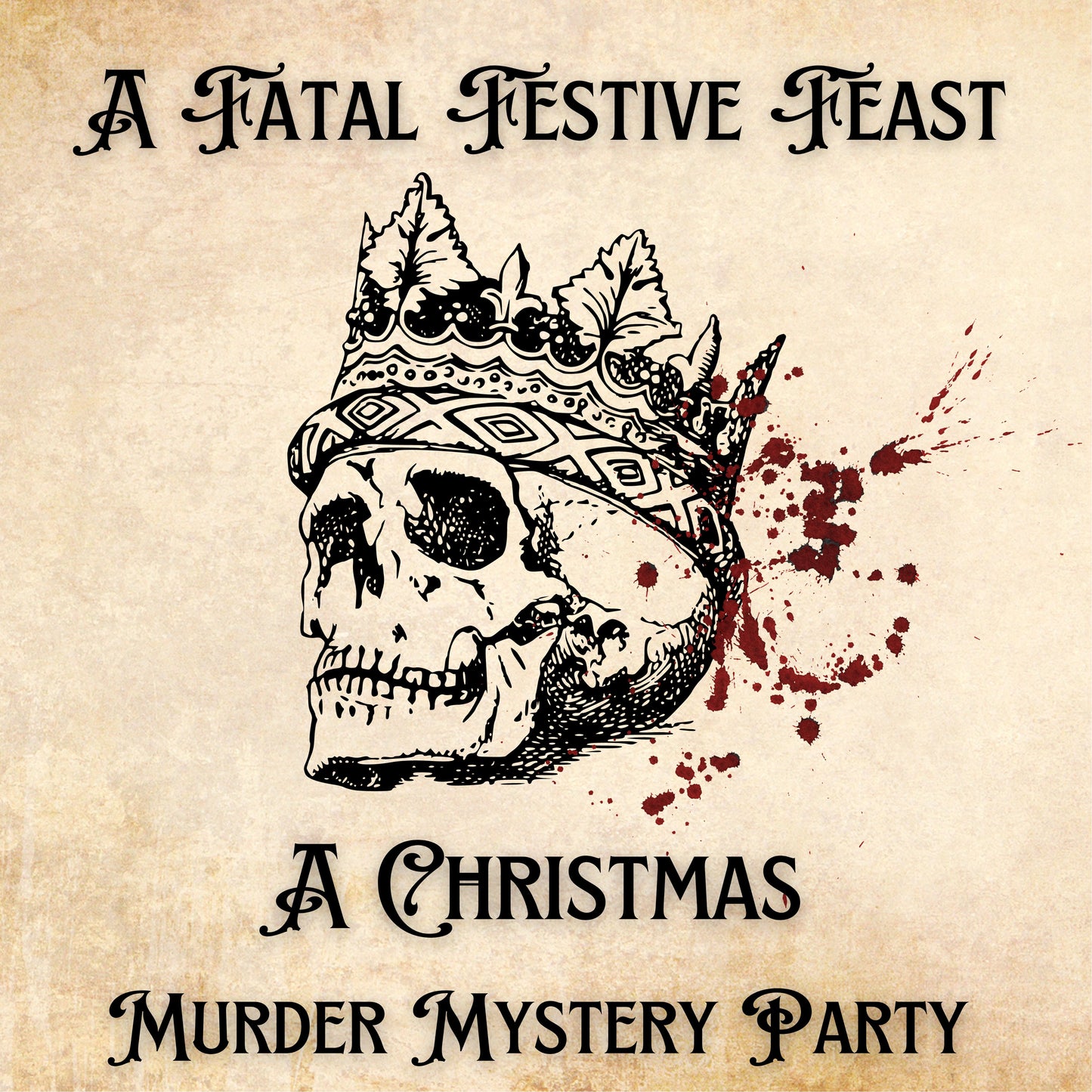 Printable Christmas murder mystery party game titled ‘Fatal Festive Feast', for 5-10 players. Fun and exciting whodunnit game for Kids or adults, instant download party kit.