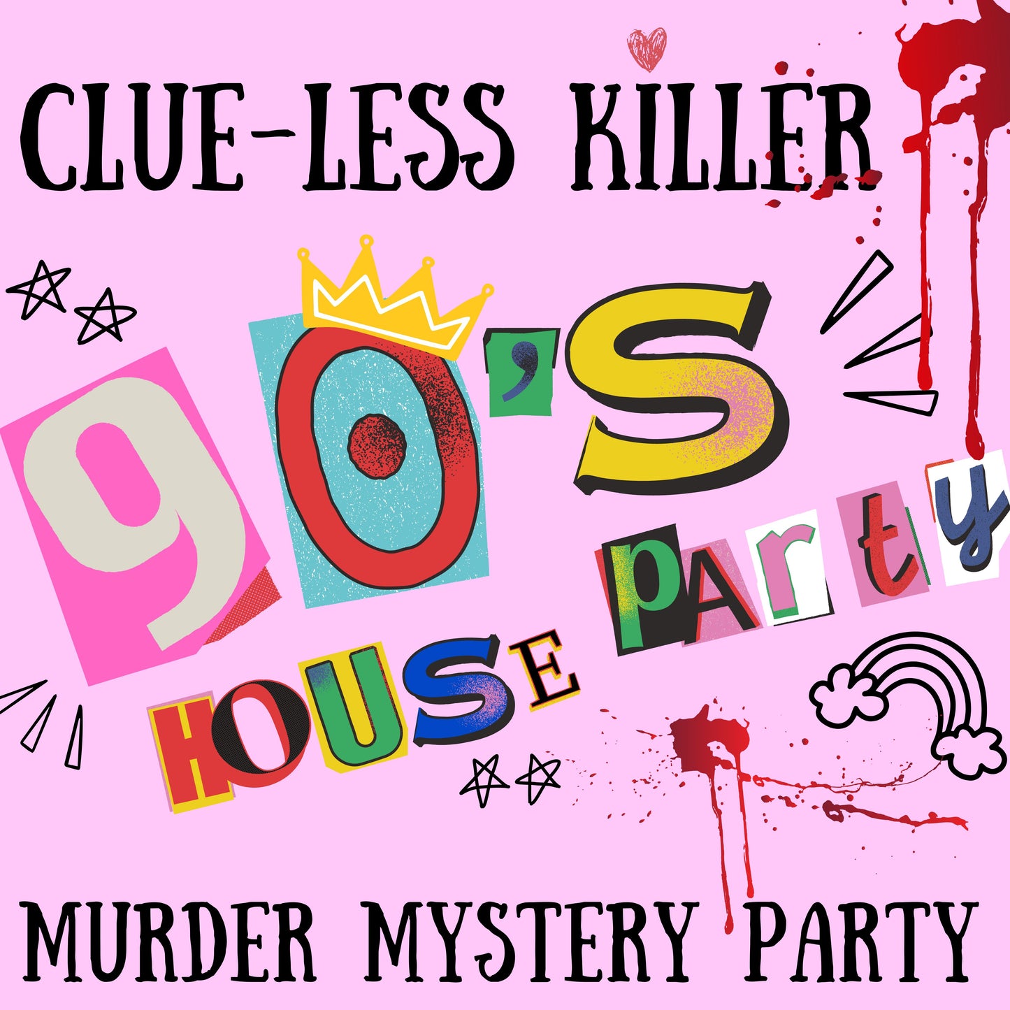 Printable 90s murder mystery party game titled ‘Clueless Killer', for 5-10 players. Fun and exciting whodunnit game for Kids or adults, instant download party kit.