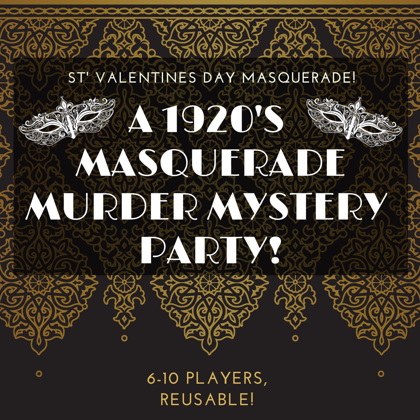 Printable 1920s murder mystery party game titled ‘Masquerade Murder', for 6-10 players. Fun and exciting whodunnit game for Kids or adults, instant download party kit.