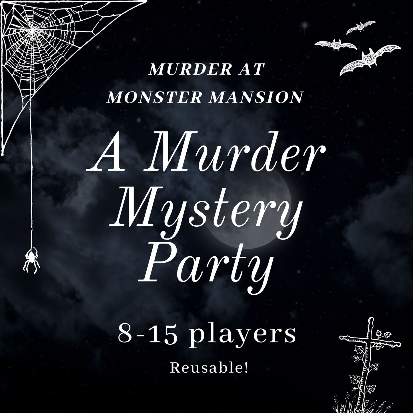 Printable Halloween themed murder mystery party game titled ‘Murder at Monster Mansion', for 8-15 players. Fun and exciting whodunnit game for Kids or adults, instant download party kit.