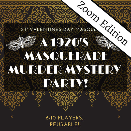 Printable 1920s murder mystery party game titled ‘Masquerade Murder', for 6-10 players. Fun and exciting whodunnit game for Kids or adults, instant download party kit.