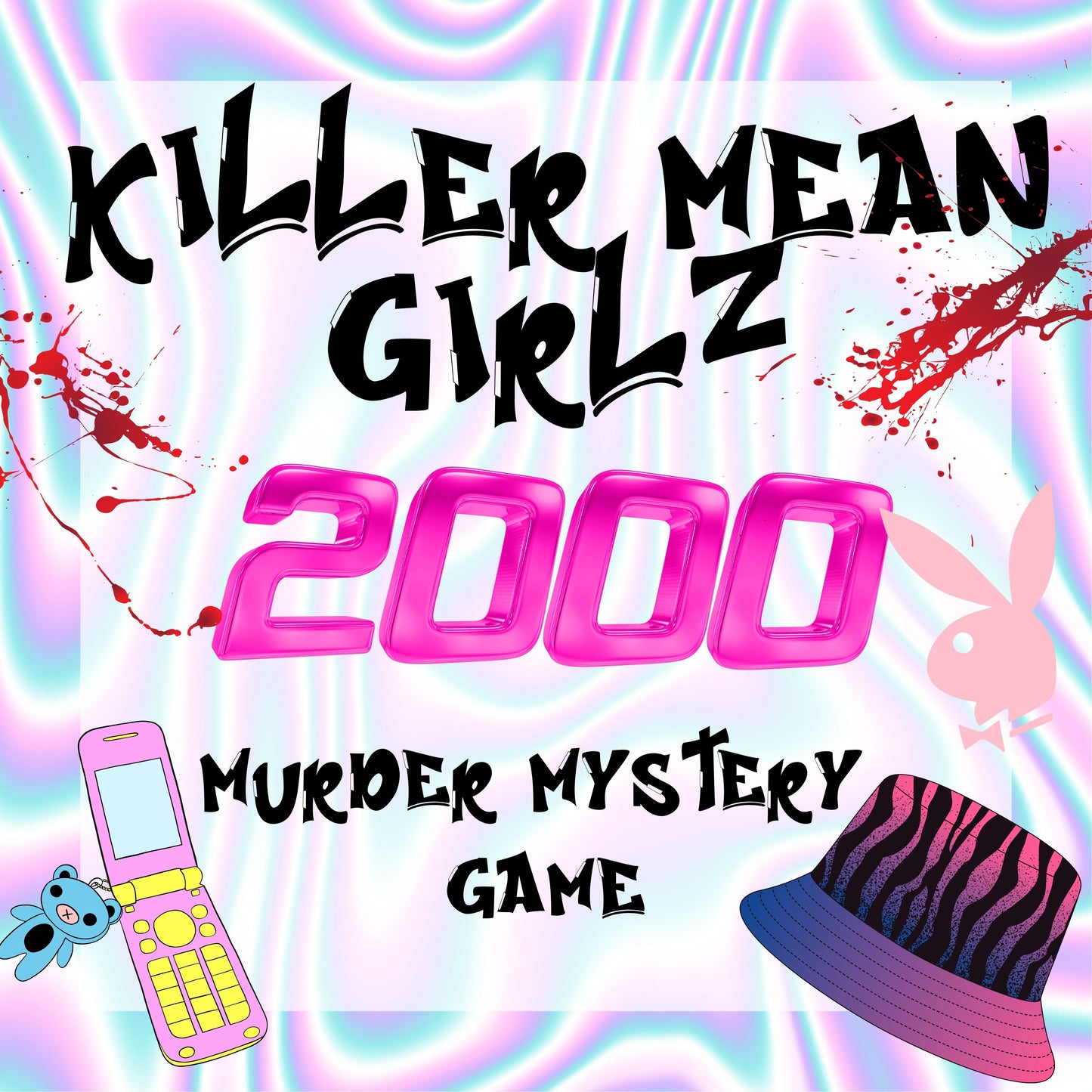 Printable 2000 murder mystery party game titled 'Killer Mean Girlz', for 10-20 players. Fun and exciting whodunnit game for teens or adults, instant download party kit.