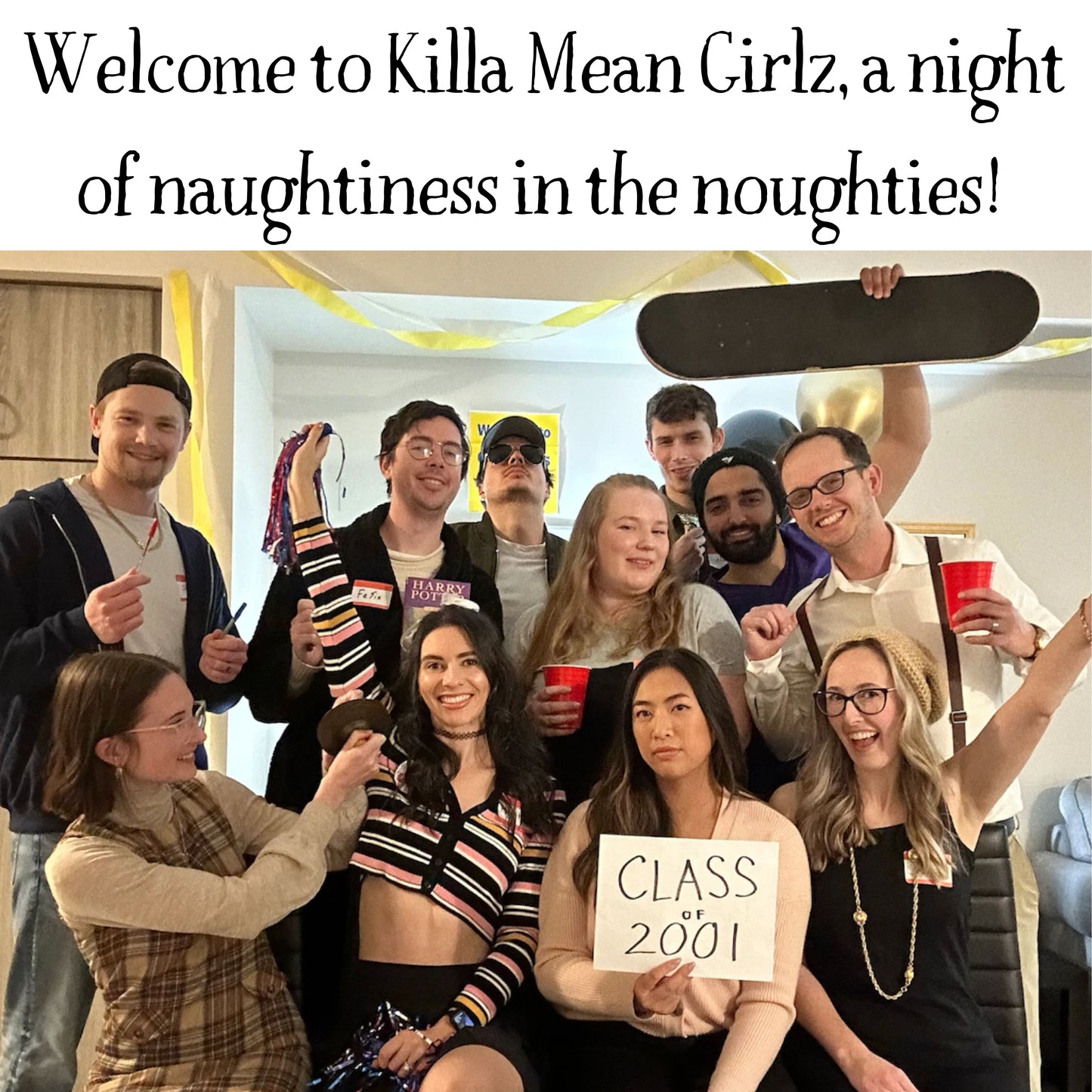 Group of people dressed in 2000 costumes playing a printable murder mystery dinner game at a party. Themed murder mystery game for friends and family.