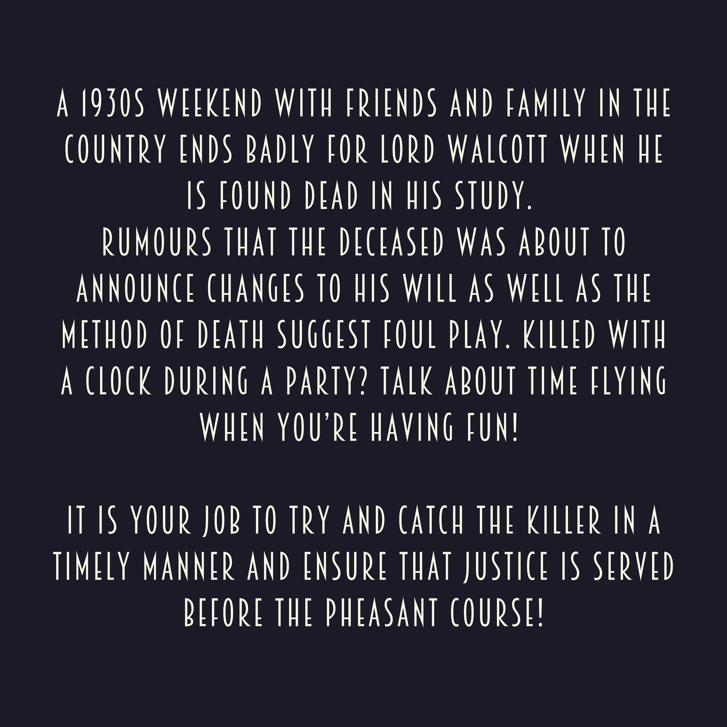 Game plot for ‘Murder at the Manor' murder mystery party. Includes story setup, victim intro, and invitation to solve the case in a printable mystery dinner game.