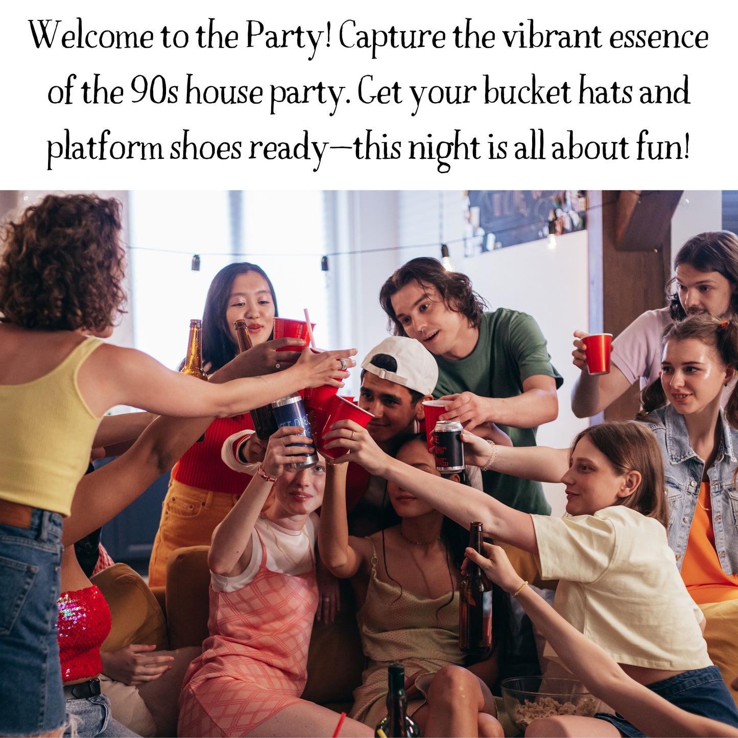 Group of people dressed in 90s costumes playing a printed murder mystery dinner game at a party. Themed murder mystery game for friends and family.