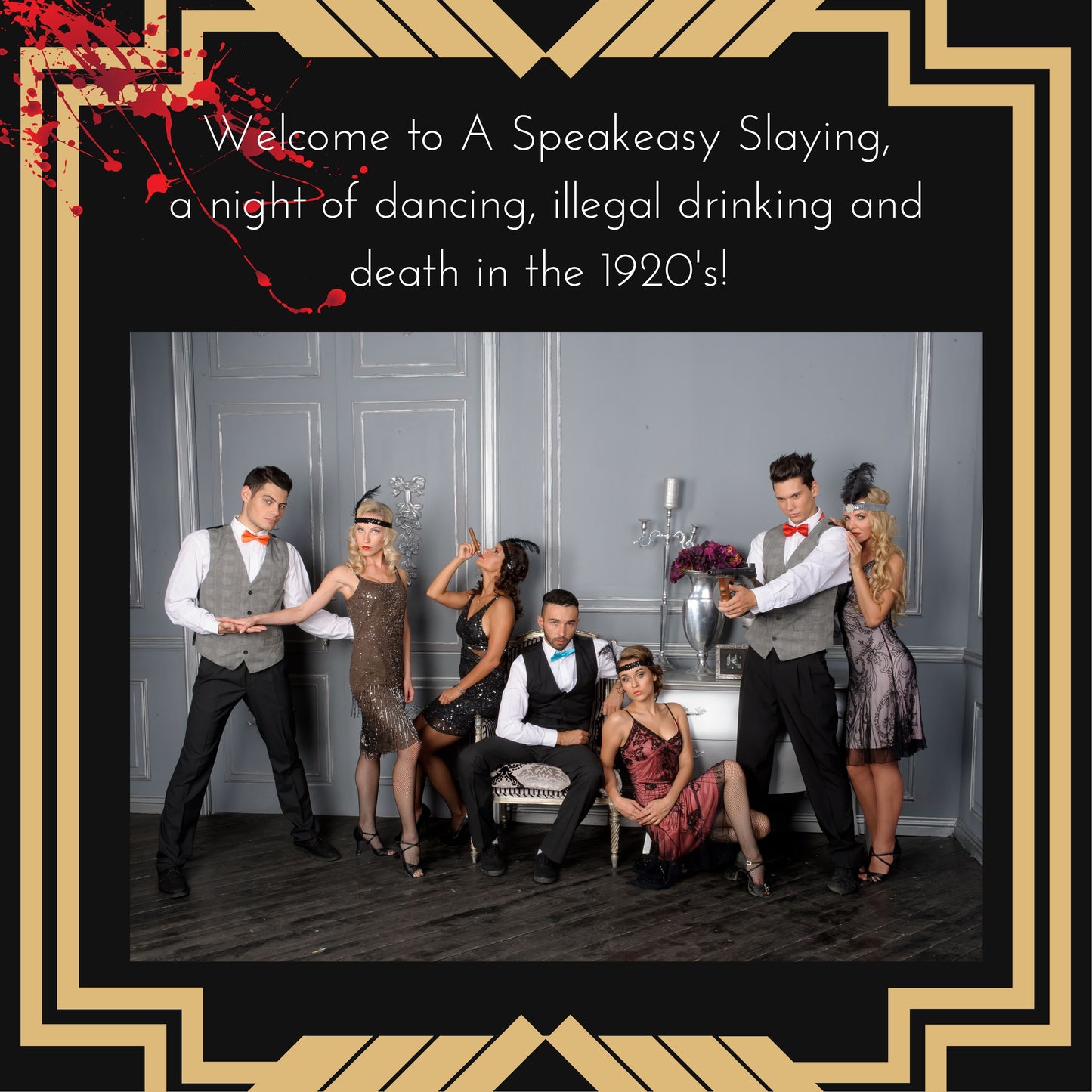 Group of people playing a 1920s printable murder mystery dinner game at a party in costume. Themed murder mystery game for friends and family.