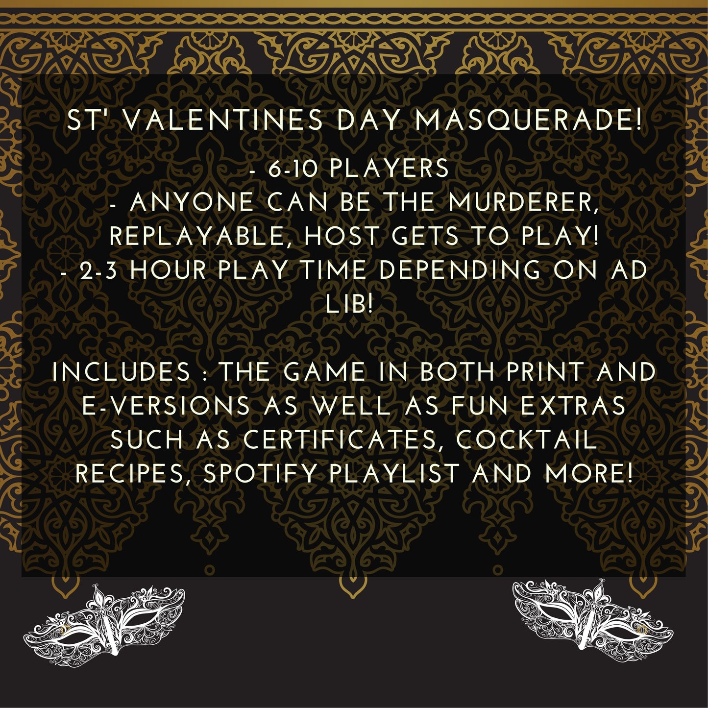 Details of the printable 1920s themed murder mystery game including 6-10 players, host gets to play, and 2-3 hour play time. Downloadable murder mystery party kit for home entertainment.