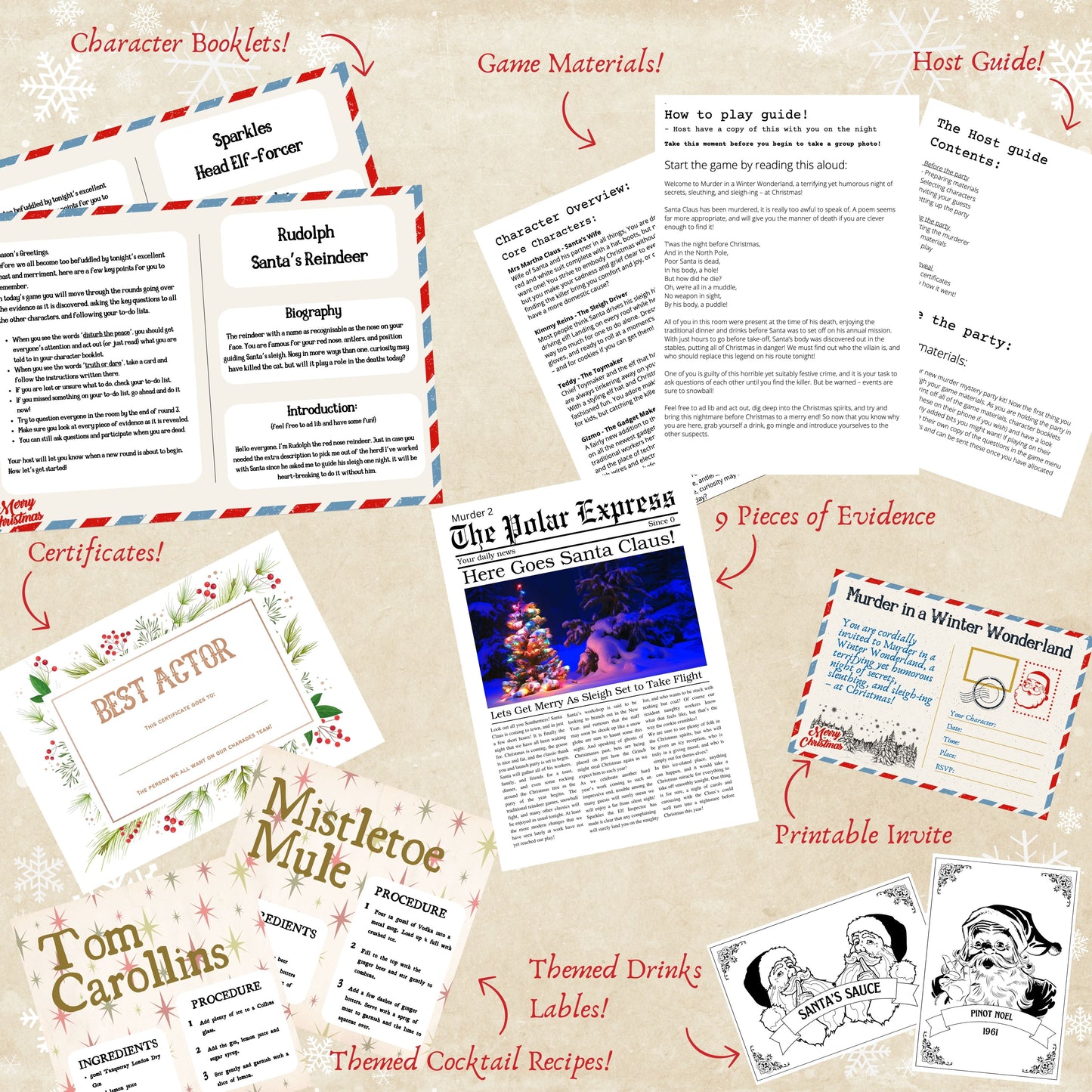 Includes character booklets, truth or dare cards, cocktail recipes, Spotify playlist, evidence, voting cards, and more
