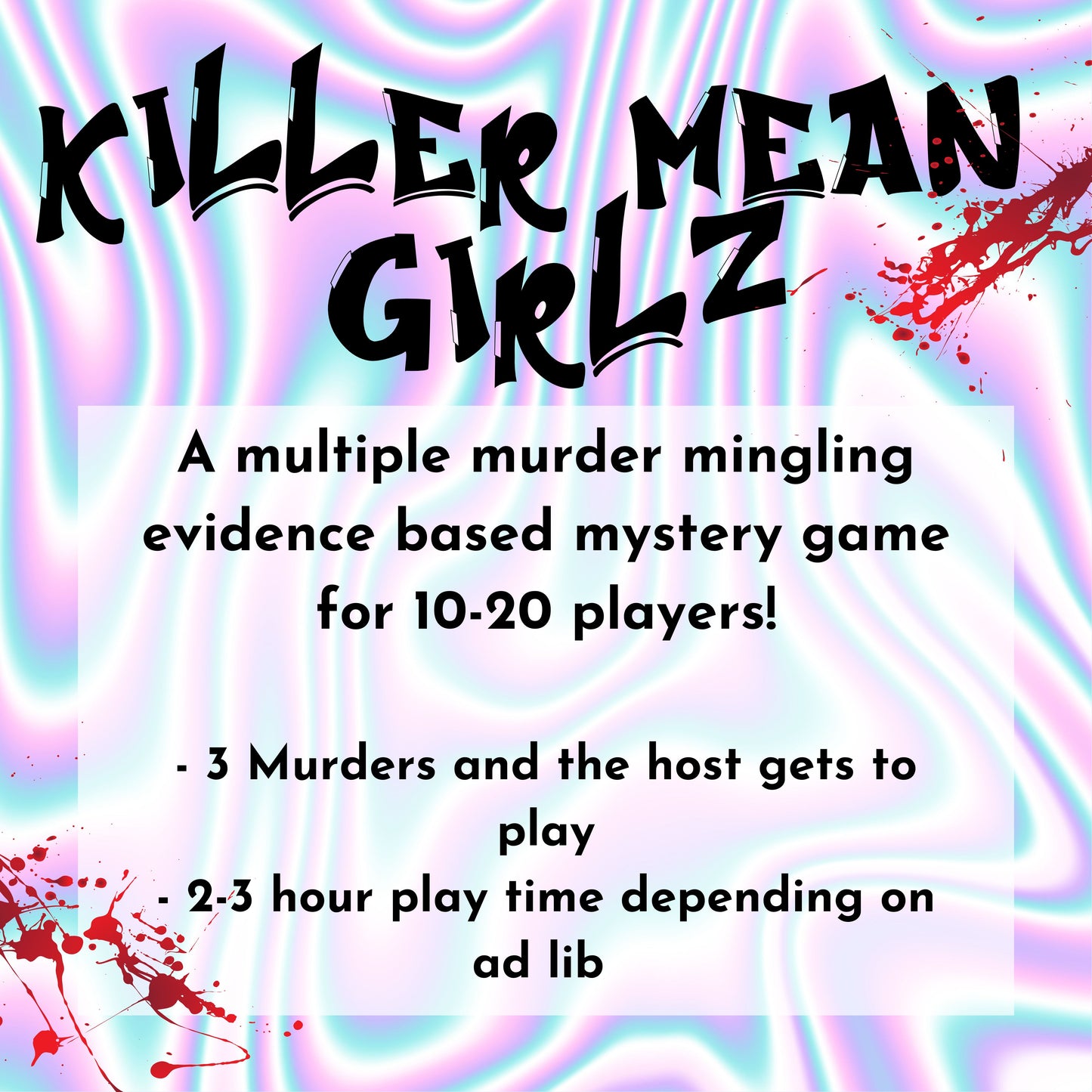 Details of the printable 2000 murder mystery game including 10-20 players, 3 murders and host gets to play, and 2-3 hour play time. Downloadable murder mystery party kit for home entertainment.
