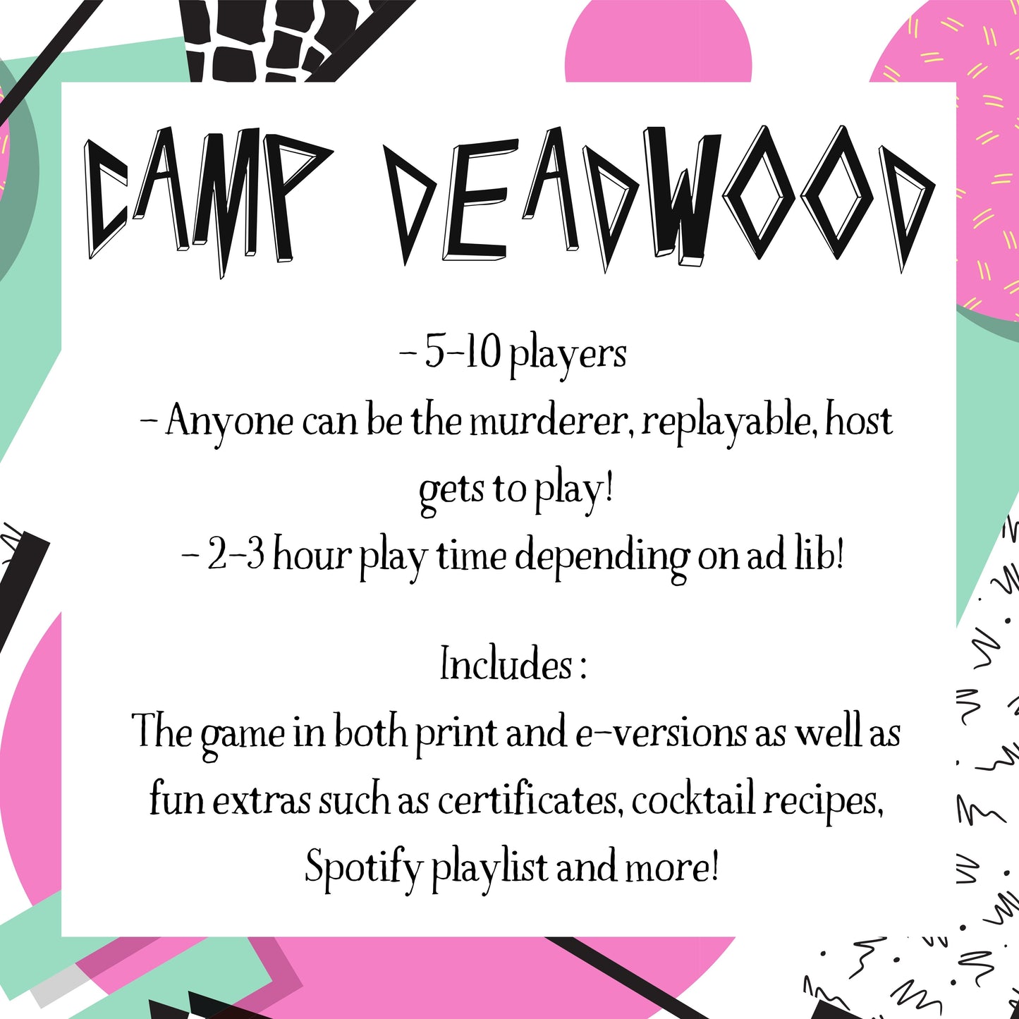 Details of the printable 1980s murder mystery game including 5-10 players, host gets to play, and 2-3 hour play time. Downloadable murder mystery party kit for home entertainment.