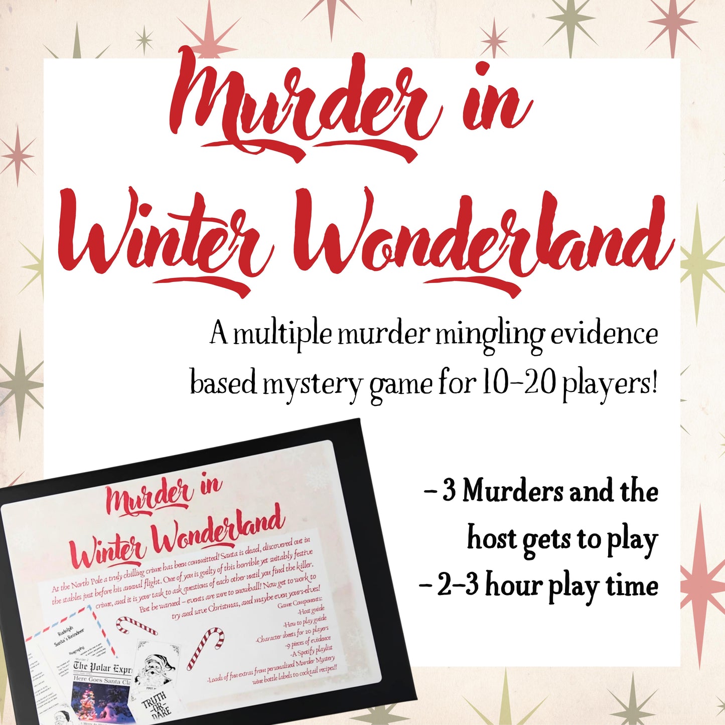Details of the printed Christmas murder mystery game including number of players, age group, and play time. Boxed murder mystery party game for home entertainment.