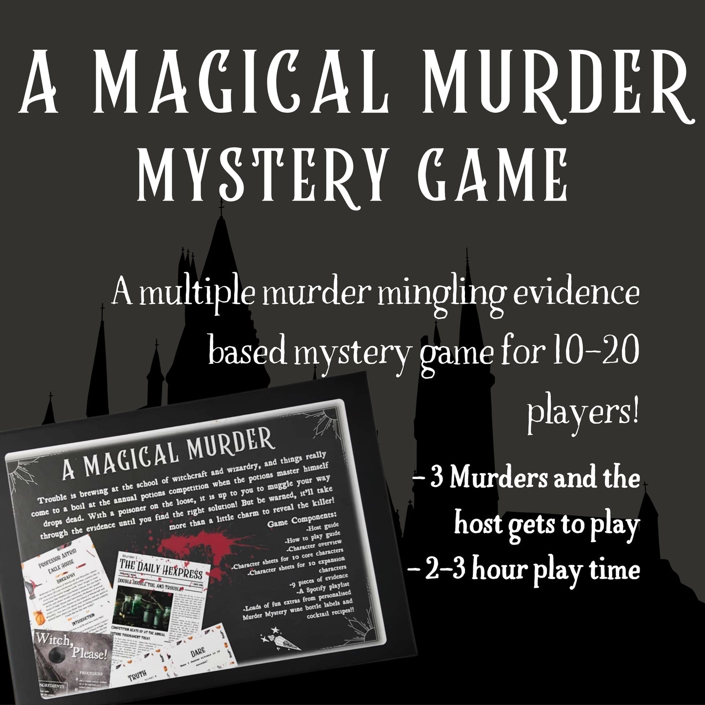 Details of the printed Harry Potter Inspired murder mystery game including number of players, age group, and play time. Boxed murder mystery party game for home entertainment.
