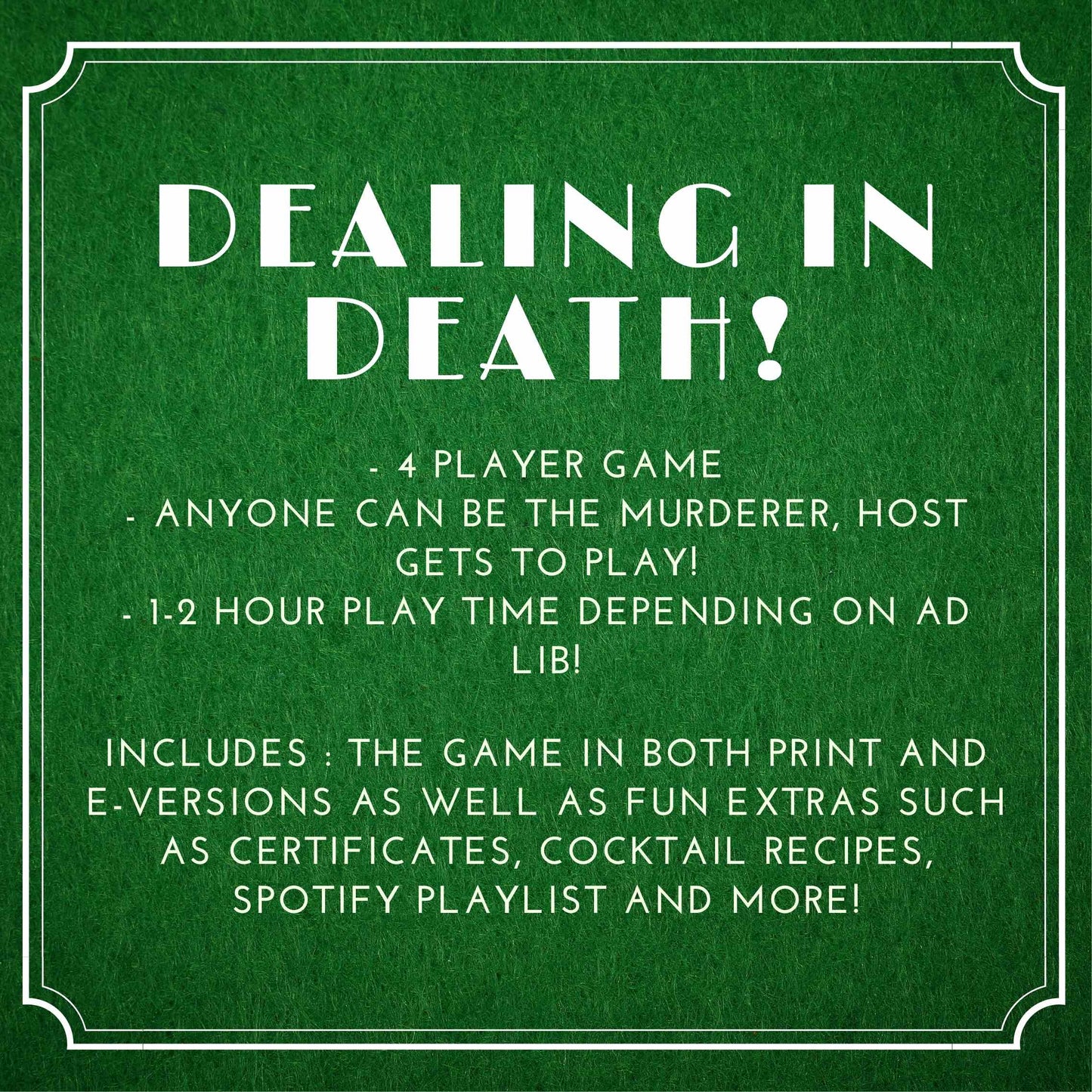 Details of the printable Poker themed murder mystery game including 4 players, host gets to play, and 1-2 hour play time. Downloadable murder mystery party kit for home entertainment.