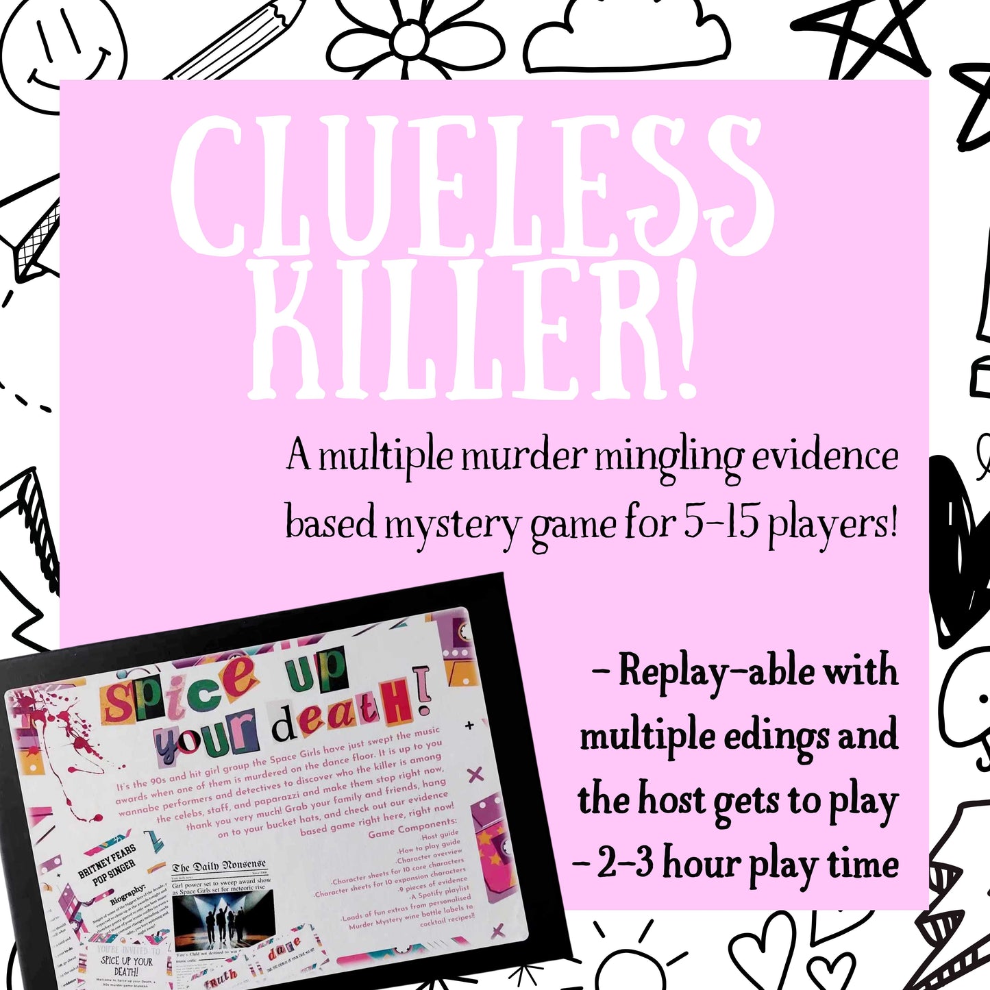 Details of the printed 90s murder mystery game including number of players, age group, and play time. Boxed murder mystery party game for home entertainment.