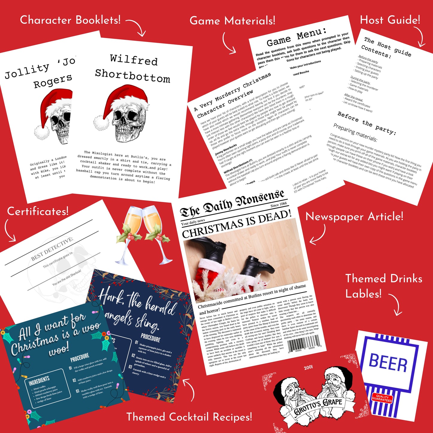 Character booklets, game materials, a host guide, newspaper article, certificates, themed cocktails and drink labels, and printable invitations