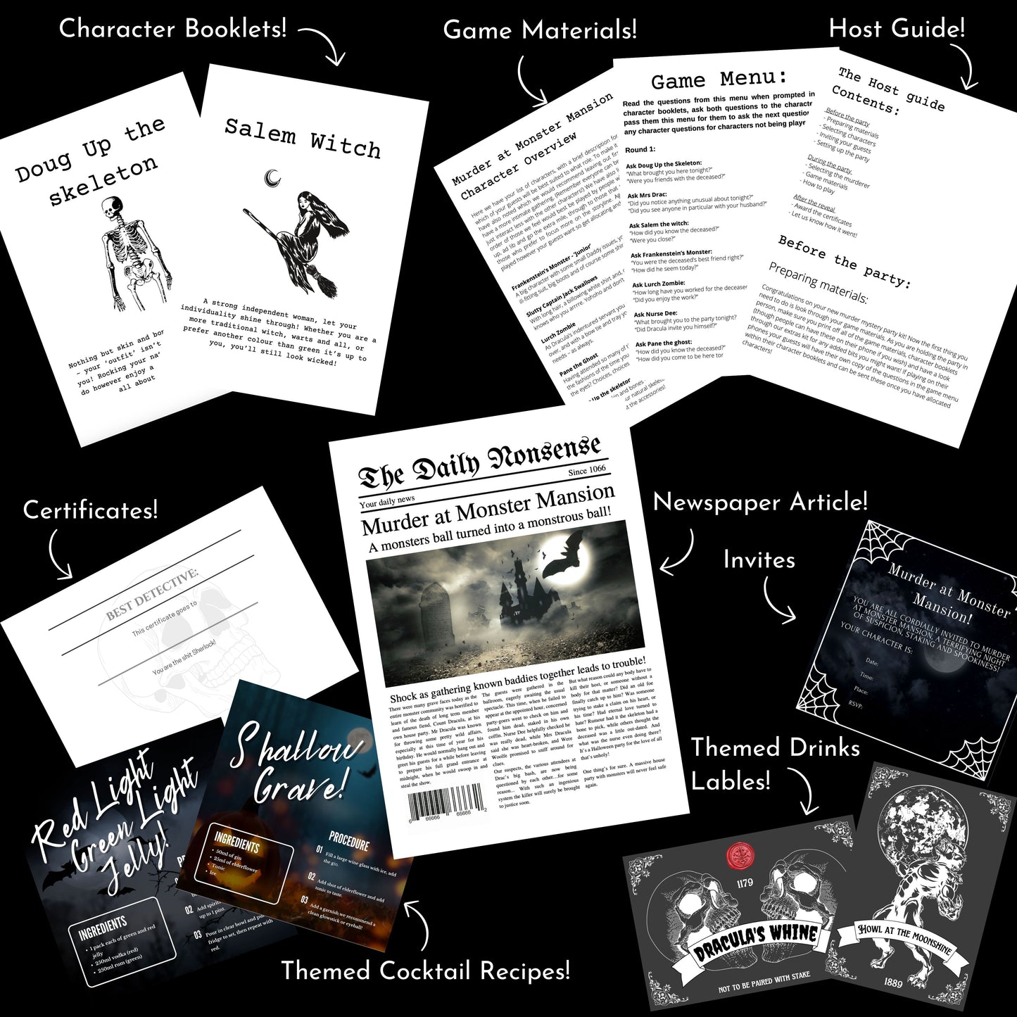 Character booklets, game materials, a host guide, newspaper article, certificates, themed cocktails and drink labels, and printable invitations