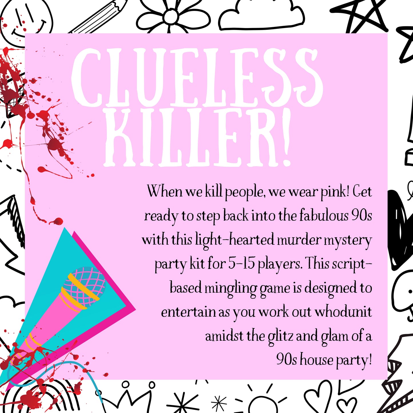 Game plot for ‘Clueless Killer' murder mystery party. Includes story setup, victim intro, and invitation to solve the case in a boxed mystery dinner game.