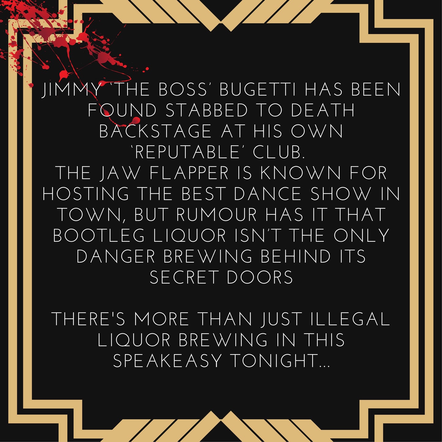 Game plot for ‘Speakeasy Slaying’' murder mystery party. Includes story setup, victim intro, and invitation to solve the case in a printable mystery dinner game.