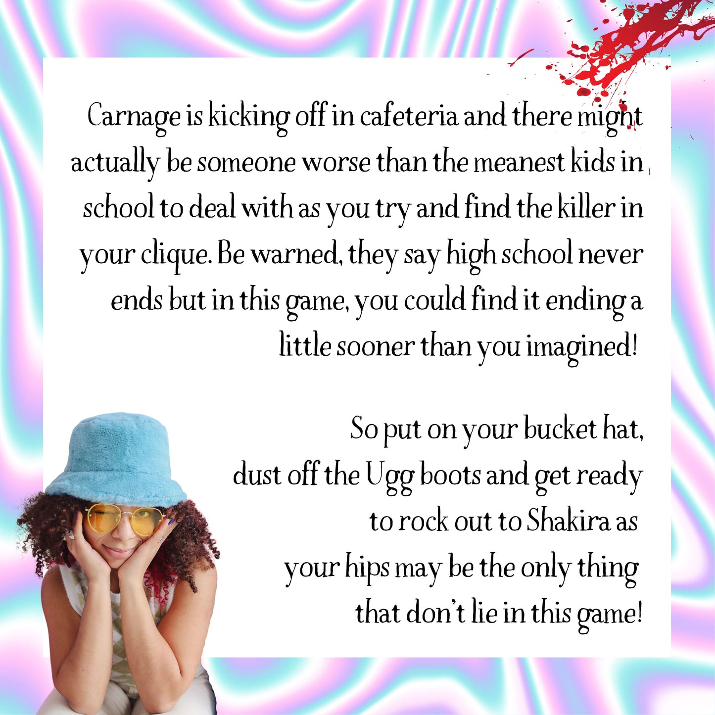 Game plot for 'Killer Mean Girlz' murder mystery party. Includes story setup, victim intro, and invitation to solve the case in a printable mystery dinner game.