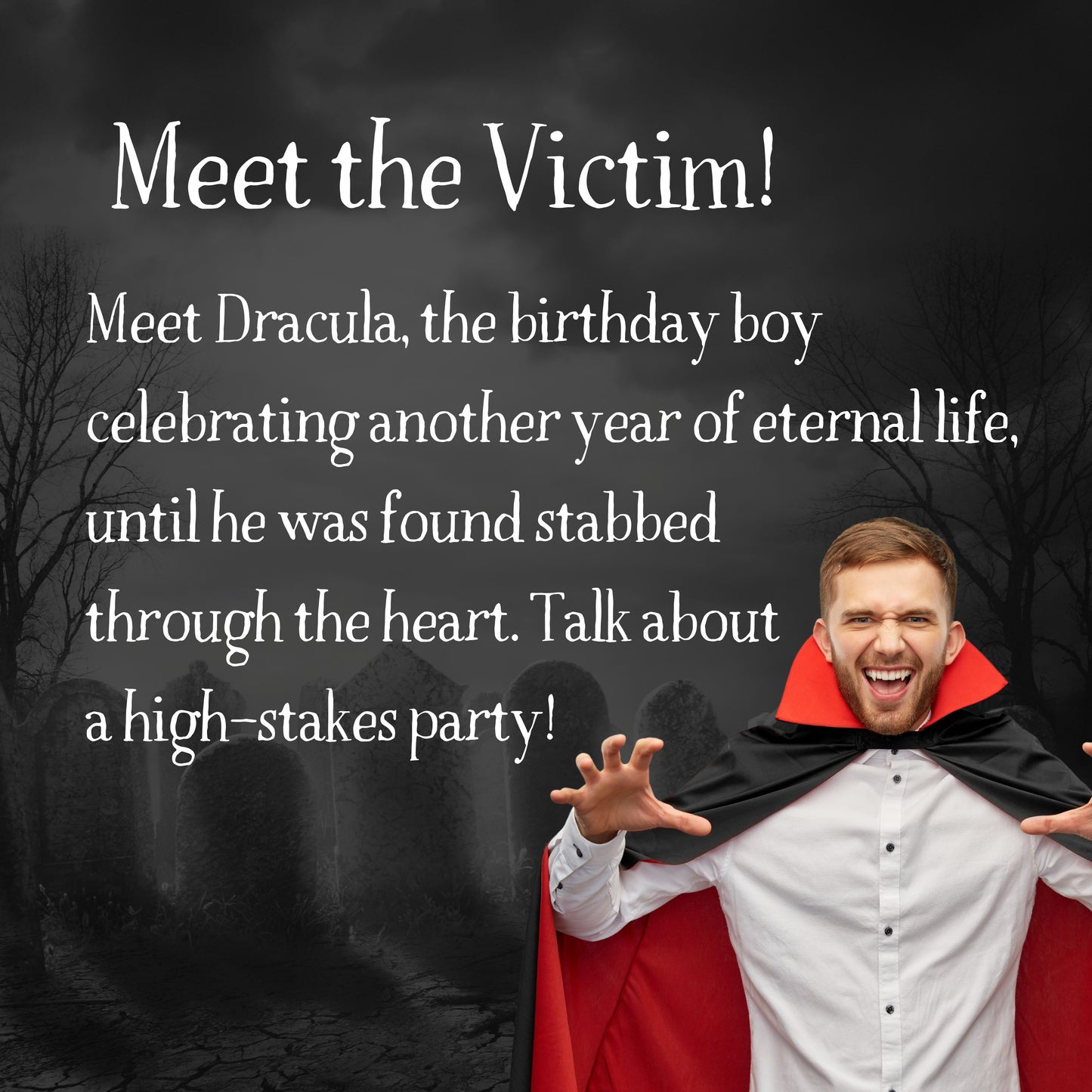 Character profile of the victim in the Halloween themed murder mystery game. Includes image and backstory for immersive mystery gameplay.