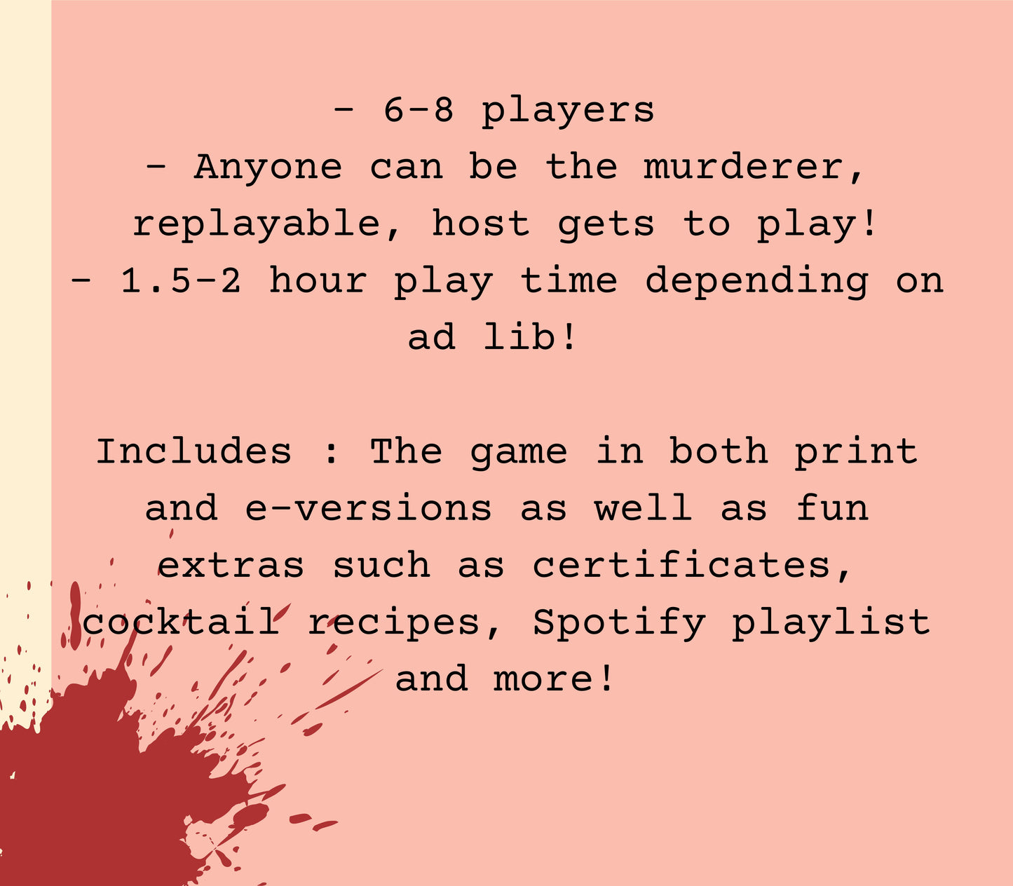 Details of the printable 1950s themed murder mystery game including 6-8 players, host gets to play, and 2-3 hour play time. Downloadable murder mystery party kit for home entertainment.