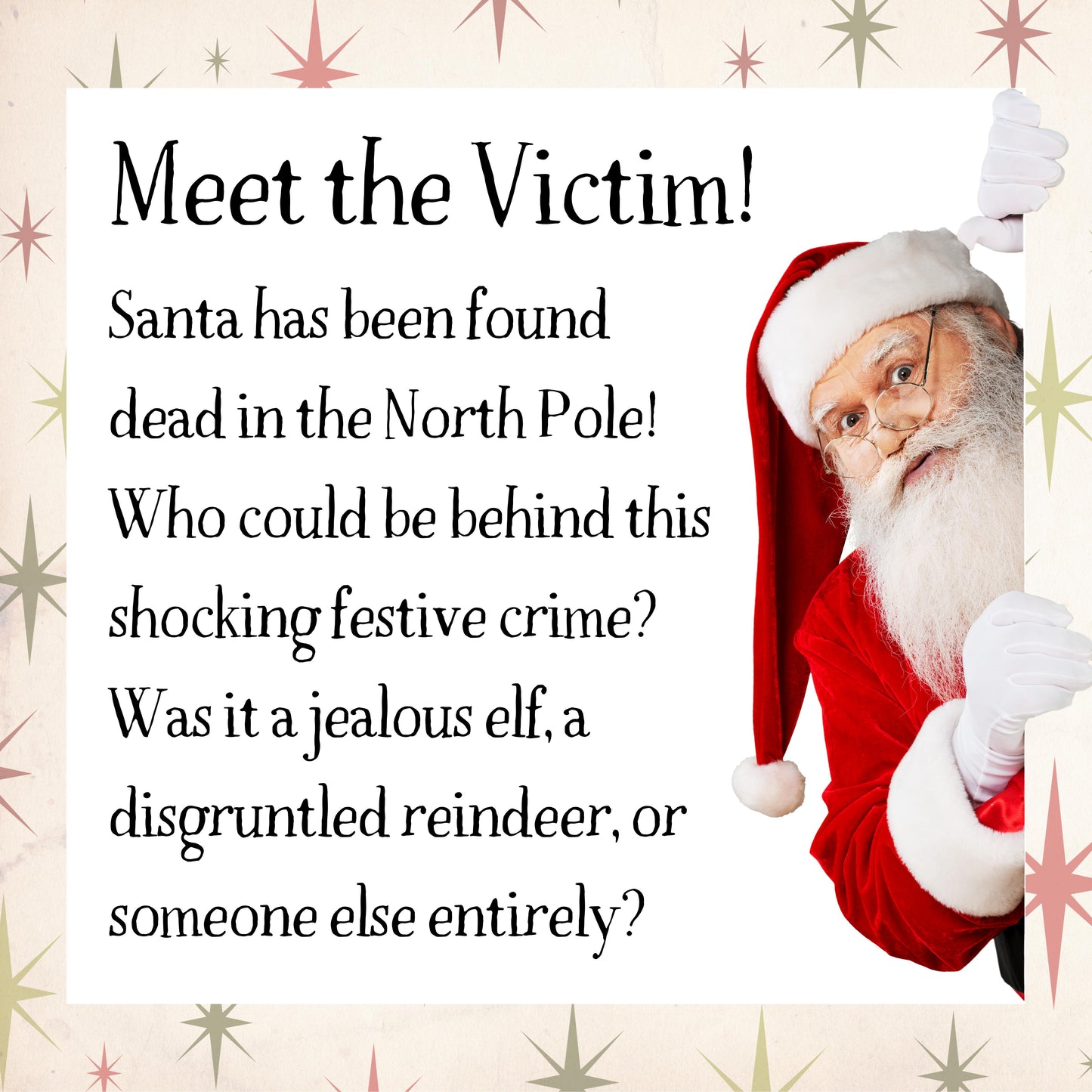 Character profile of the victim in the Christmas murder mystery game. Includes image and backstory for immersive mystery gameplay.