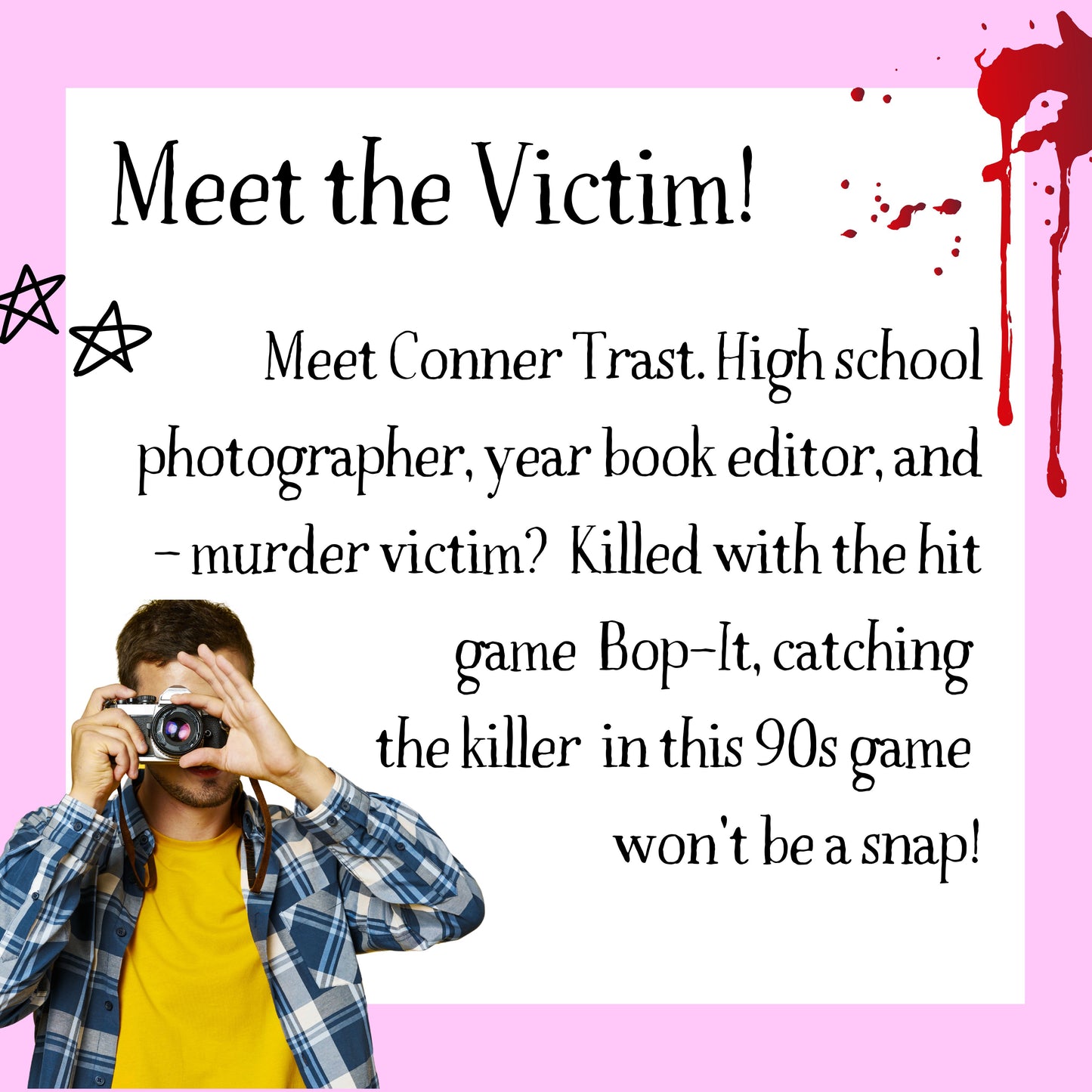 Character profile of the victim in the 90s murder mystery game. Includes image and backstory for immersive mystery gameplay.