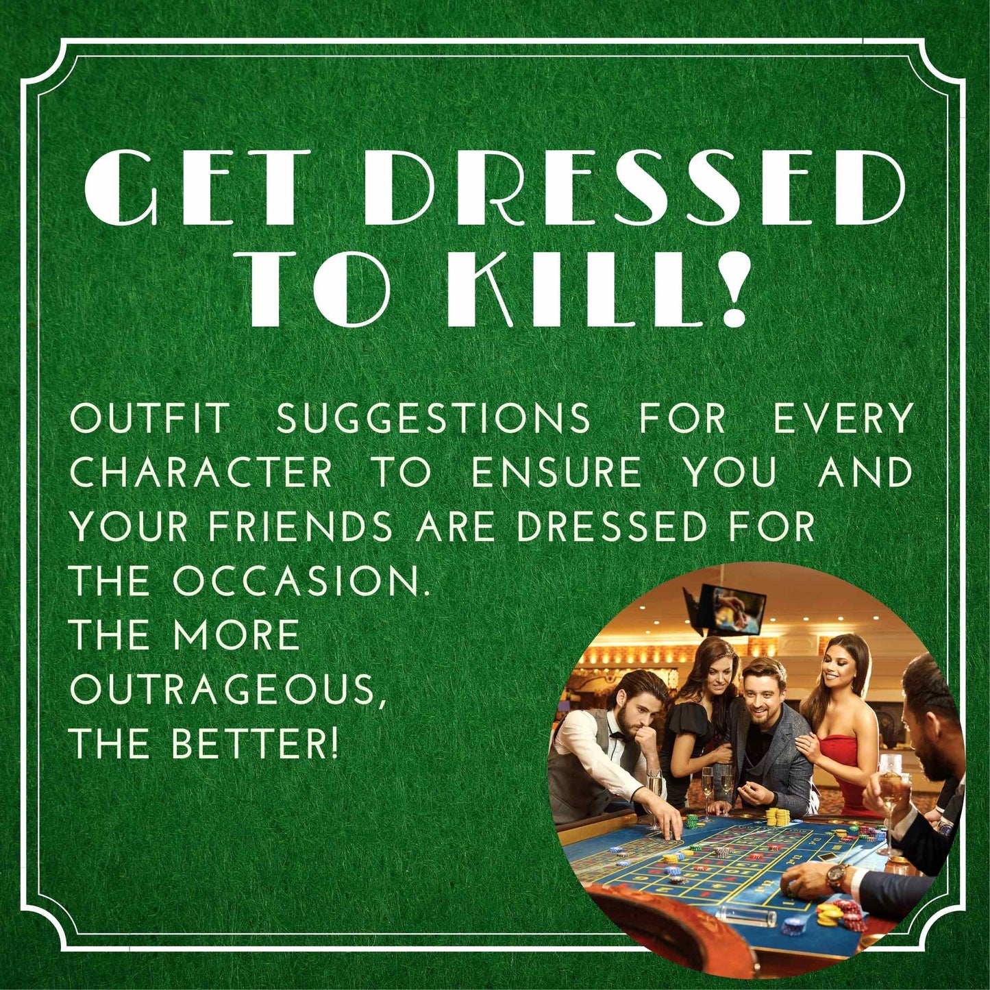 Costume ideas for a Poker themed murder mystery party. Players dressed to match the party theme for an immersive murder mystery experience.