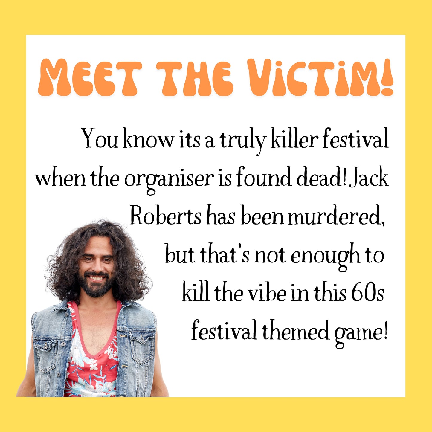 Character profile of the victim in the 1960s murder mystery game. Includes image and backstory for immersive mystery gameplay.