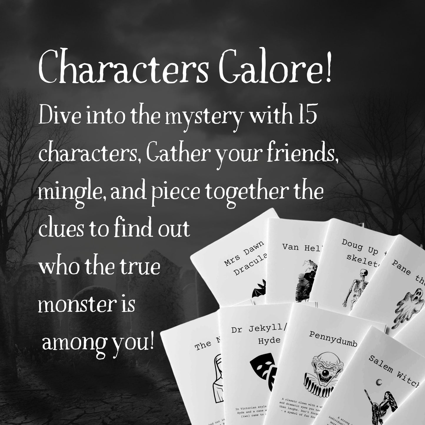 Murder mystery party game download includes full host guide, character scripts, and party setup help, fun extras including murder mystery game invitation.