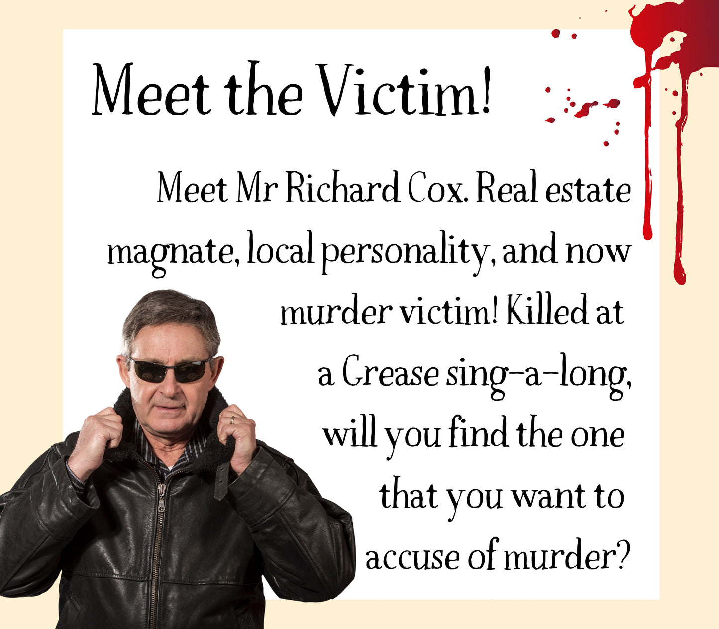 Character profile of the victim in the 1950s themed murder mystery game. Includes image and backstory for immersive mystery gameplay.