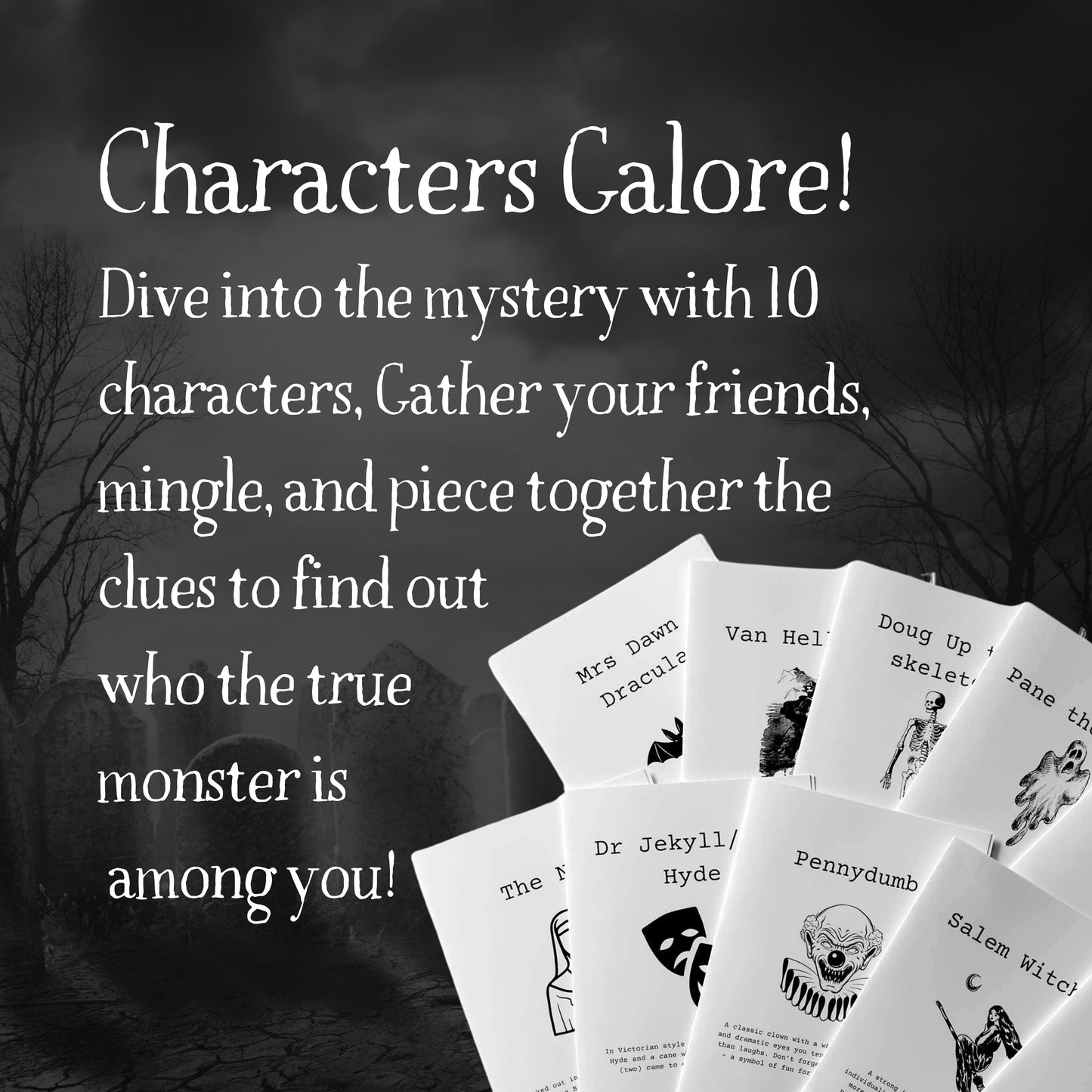 Murder mystery party game download includes full host guide, character scripts, and party setup help, fun extras including murder mystery game invitation.