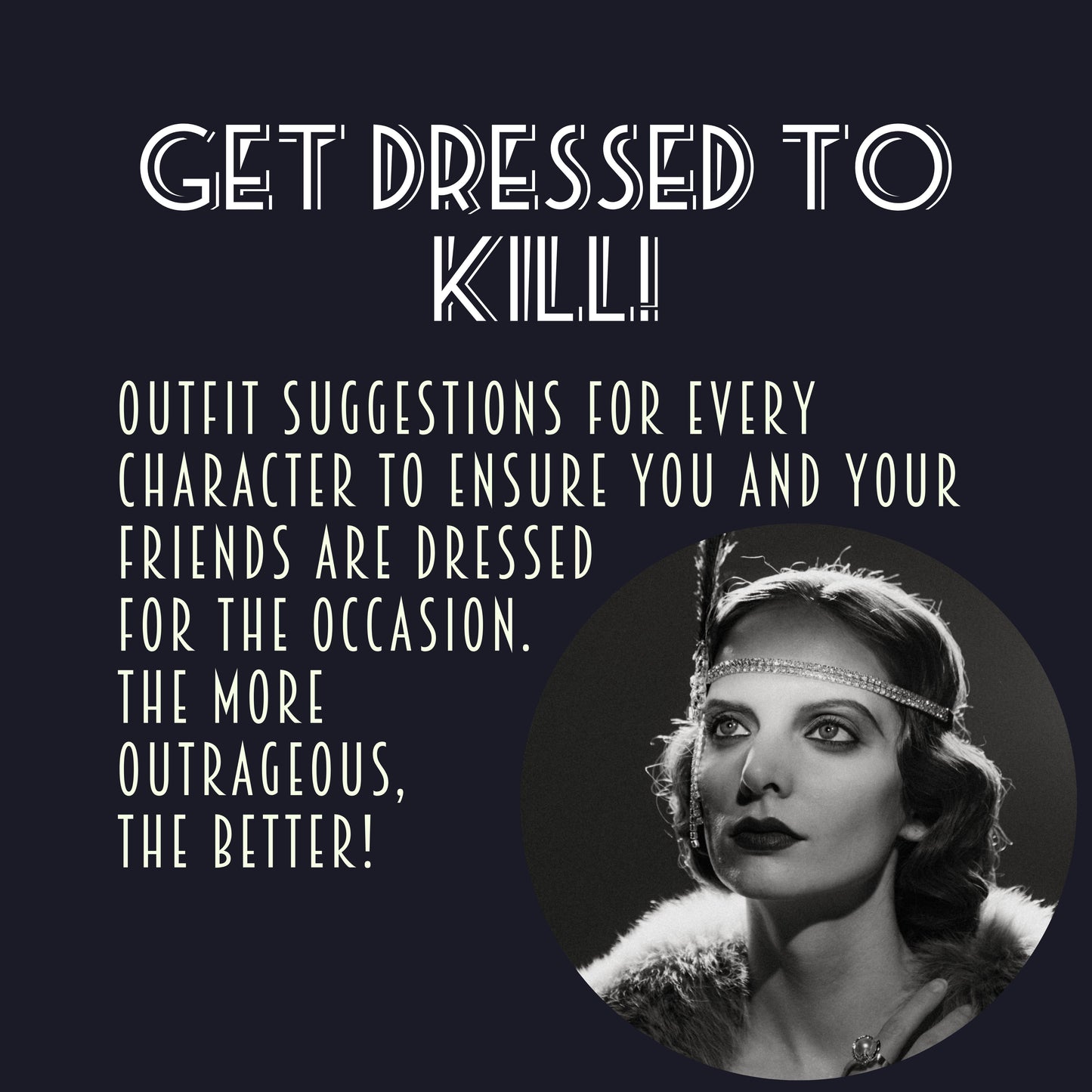 Costume ideas for a 1930s themed murder mystery party. Players dressed to match the party theme for an immersive murder mystery experience.