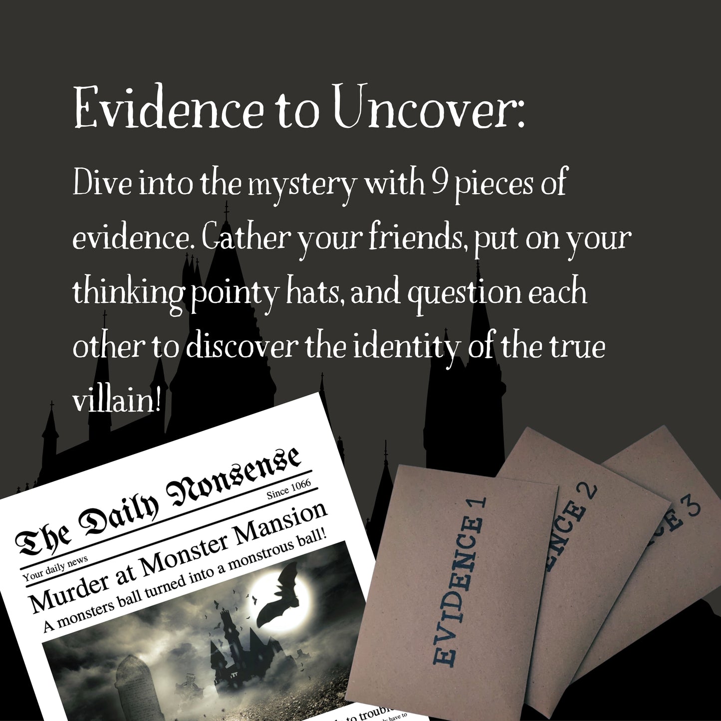 Printed murder mystery kit contents: character booklets, clues, evidence packs, and invitations.