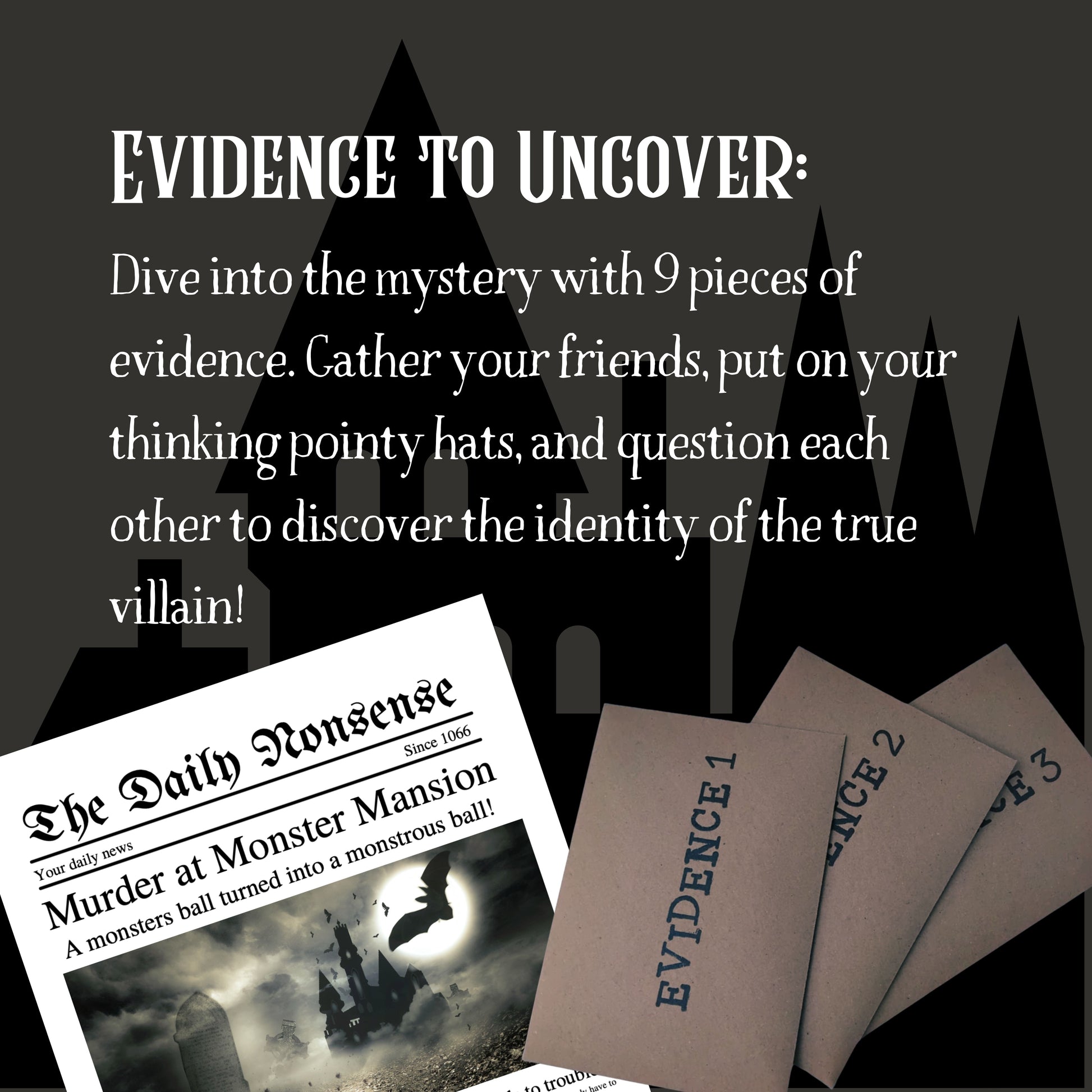 Printable murder mystery kit contents: character booklets, clues, evidence packs, and invitations.