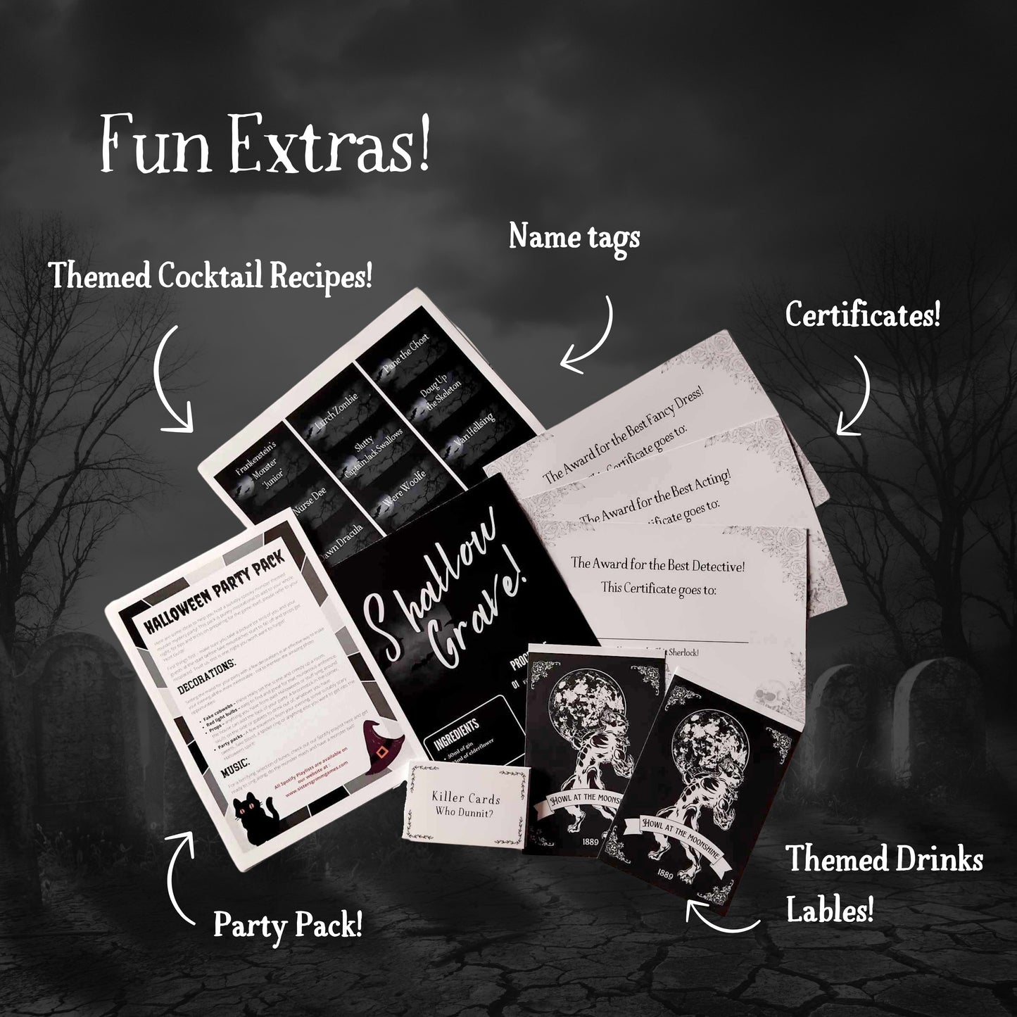 Murder mystery party game download includes full host guide, character scripts, and party setup help, fun extras including murder mystery game invitation.