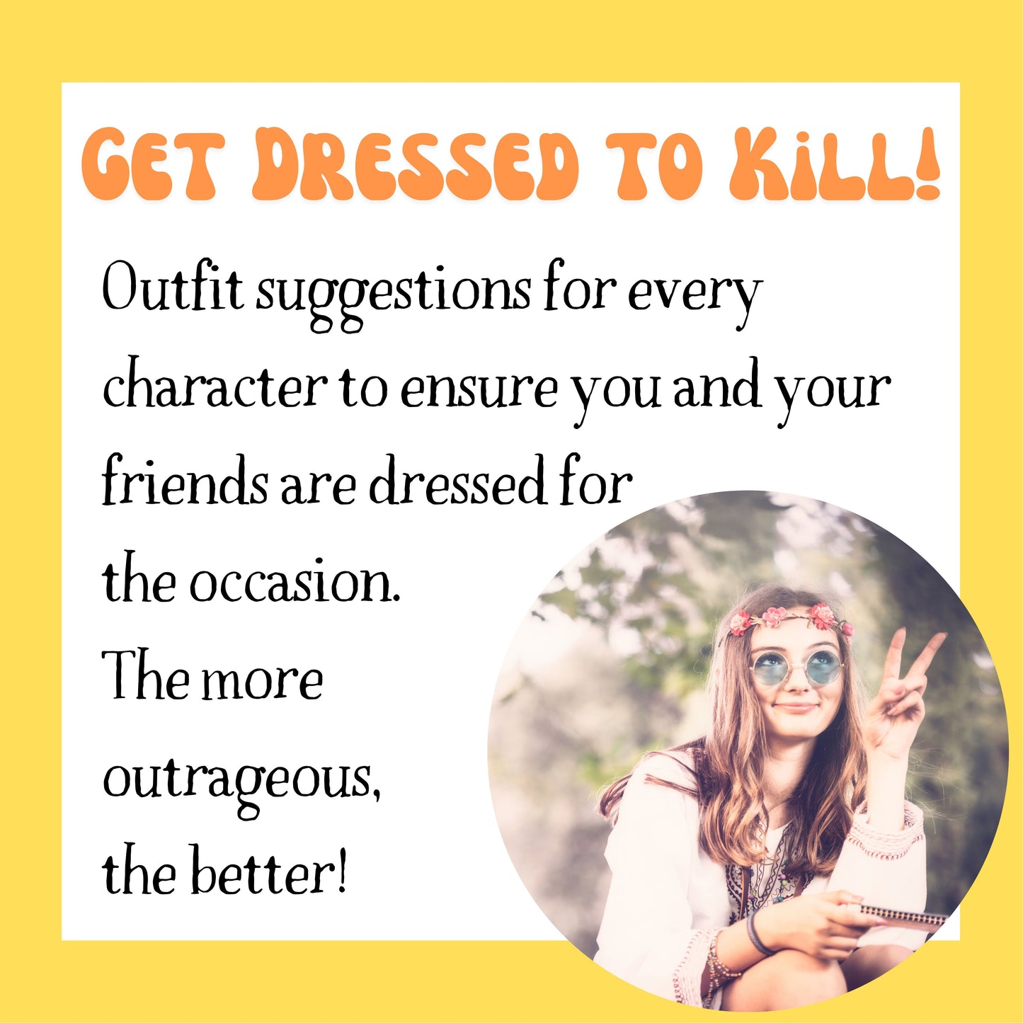 Costume ideas for a 1960s themed murder mystery party. Players dressed to match the party theme for an immersive murder mystery experience.