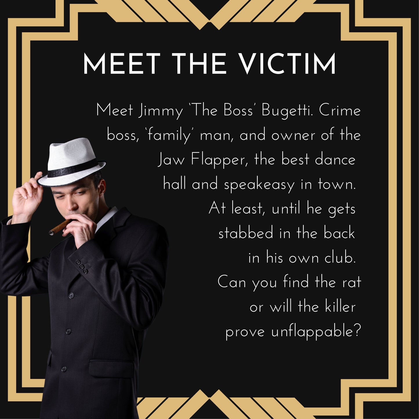 Character profile of the victim in the 1920s murder mystery game. Includes image and backstory for immersive mystery gameplay.
