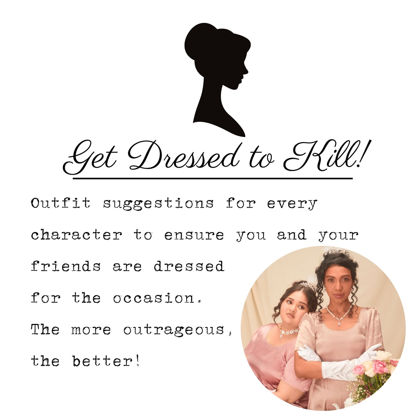 Costume ideas for a Bridgerton themed murder mystery party. Players dressed to match the party theme for an immersive murder mystery experience.