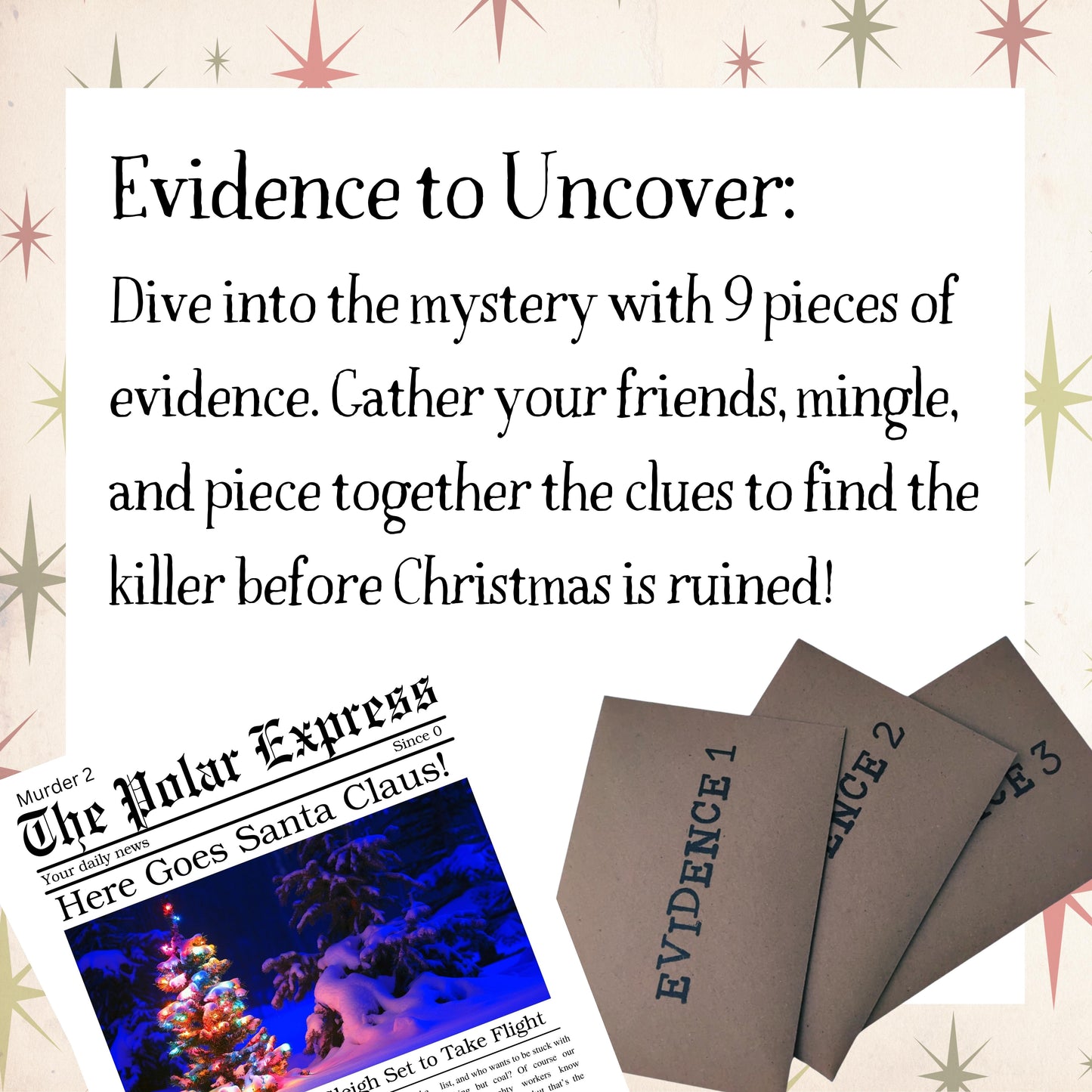 All items included in the themed printed murder mystery box for Christmas party game.