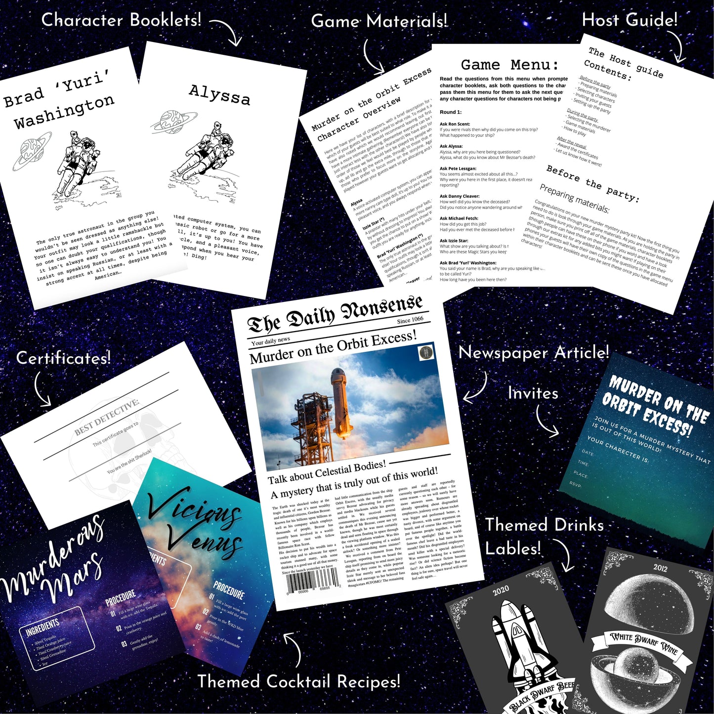 Murder mystery party game download includes full host guide, character scripts, and party setup help, fun extras including murder mystery game invitation.