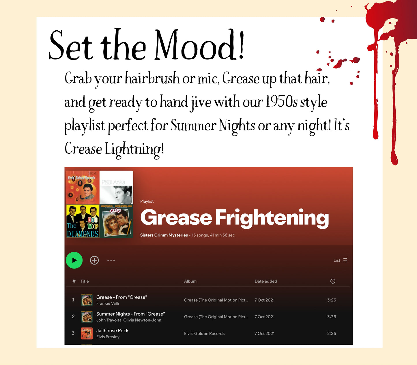 Curated Spotify playlist to set the mood for your 1950s themed murder mystery dinner party. Background music to enhance immersive gameplay.