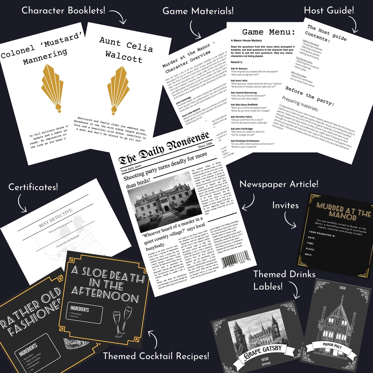 Murder mystery party game download includes full host guide, character scripts, and party setup help, fun extras including murder mystery game invitation.