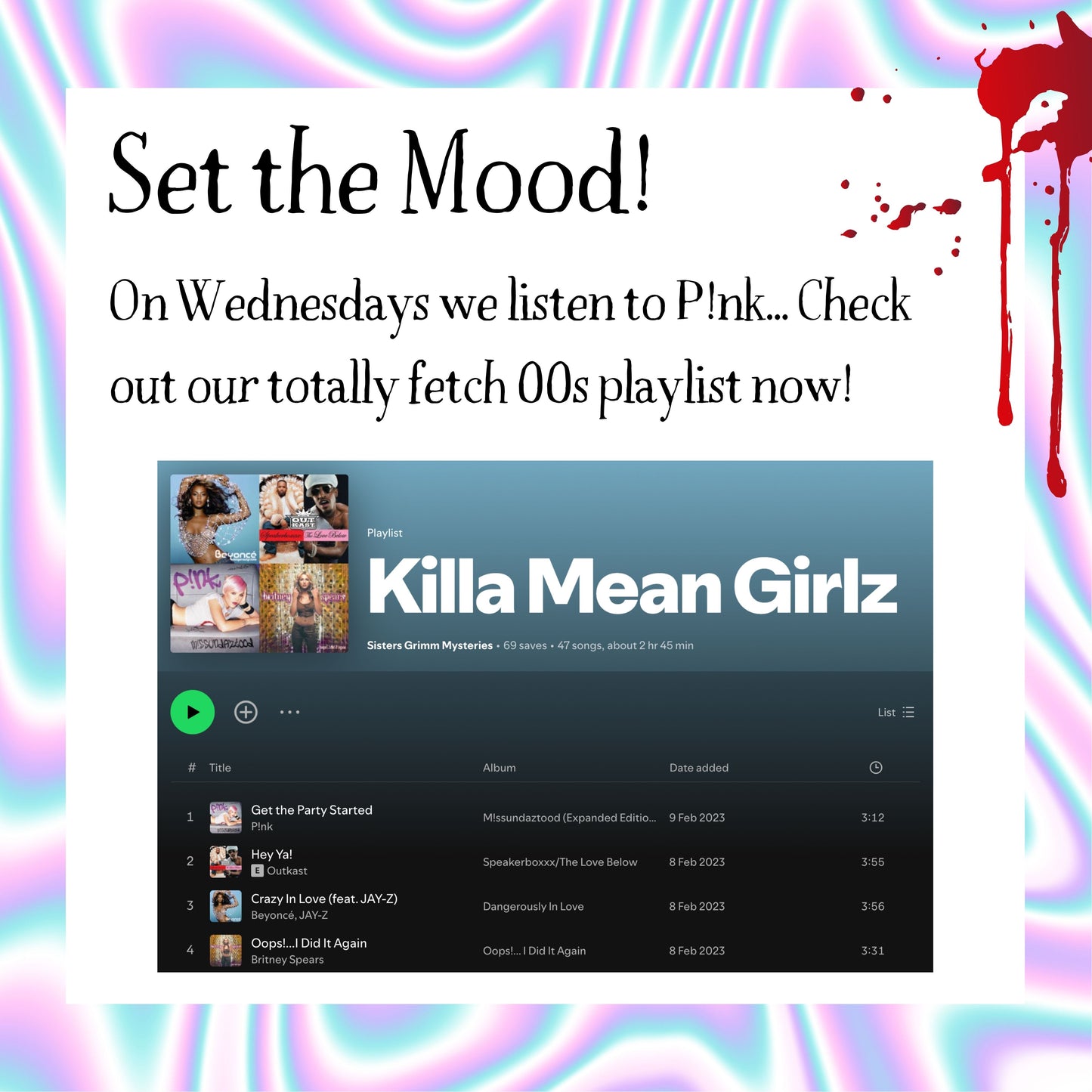 Curated Spotify playlist to set the mood for your 2000 murder mystery dinner party. Background music to enhance immersive gameplay.