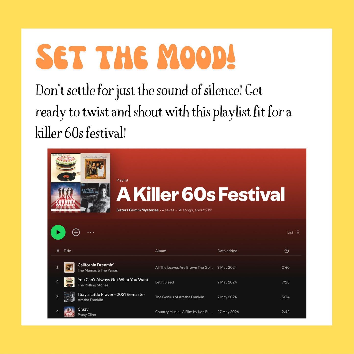 Curated Spotify playlist to set the mood for your 1960s murder mystery dinner party. Background music to enhance immersive gameplay.